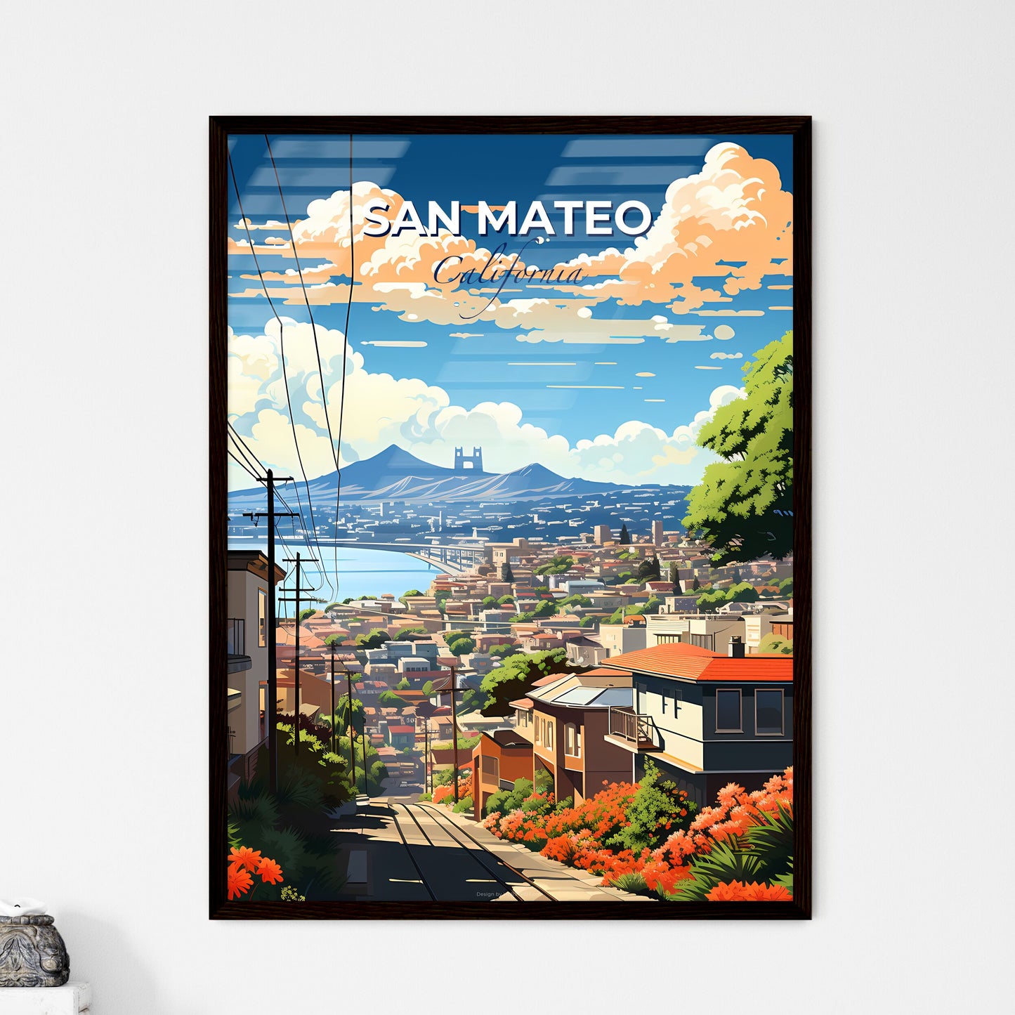 San Mateo, California, A Poster of a cityscape with a river and mountains in the background Default Title