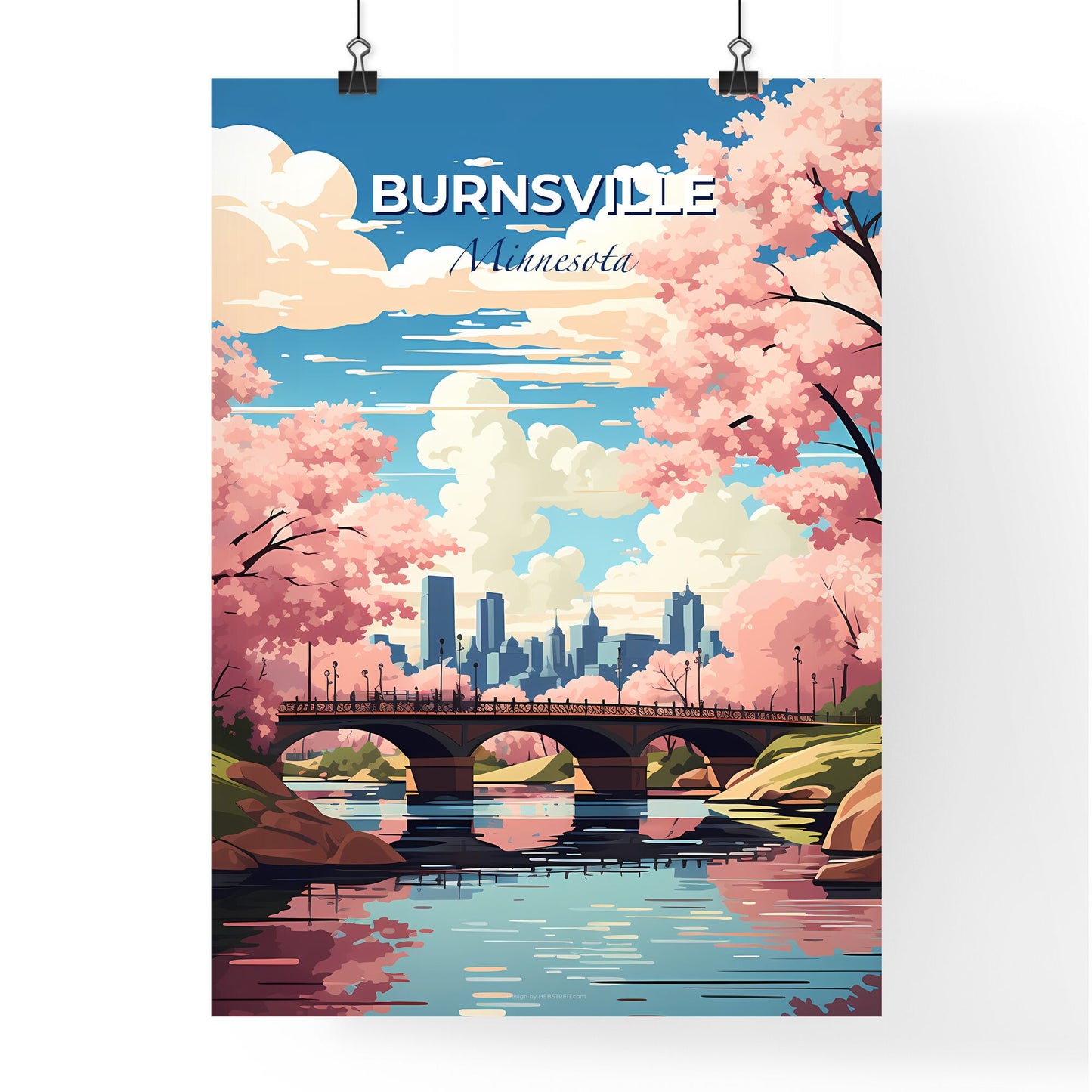Burnsville, Minnesota, A Poster of a bridge over a river with pink trees and a city in the background Default Title