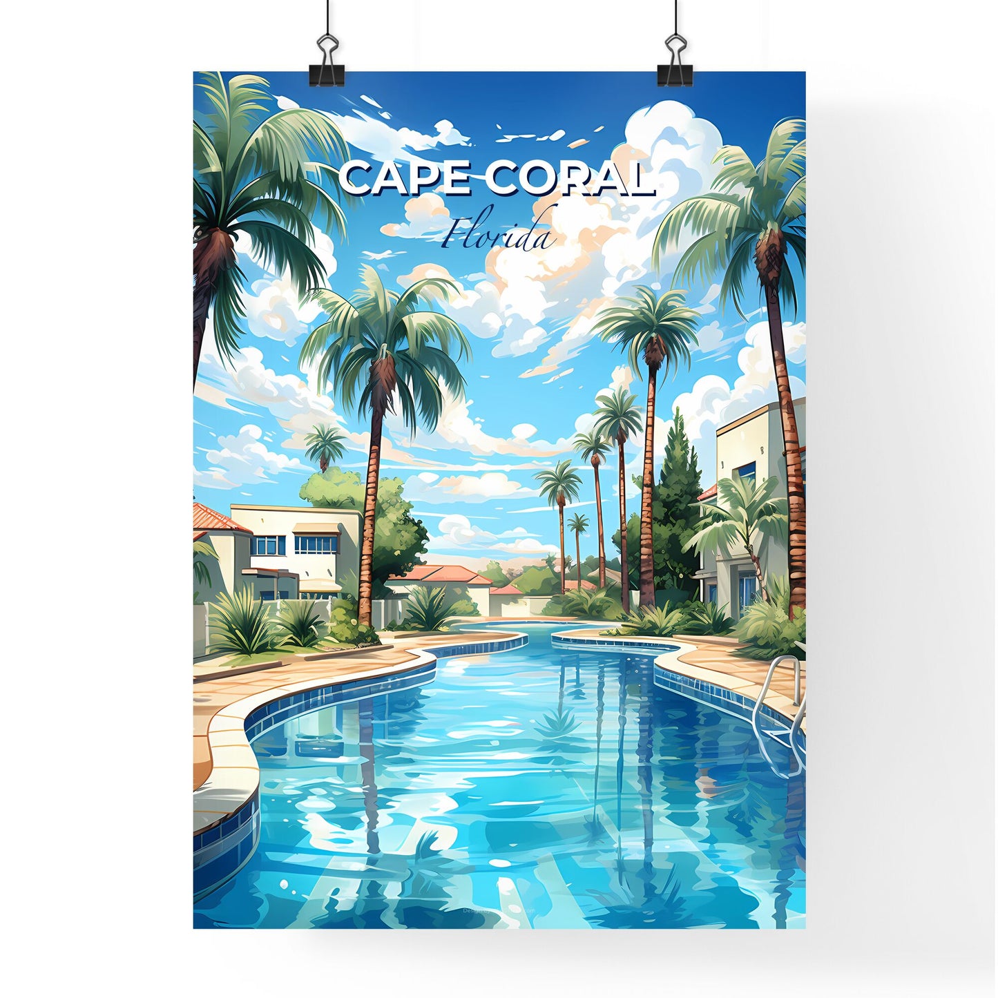 Cape Coral, Florida, A Poster of a swimming pool with palm trees and buildings Default Title