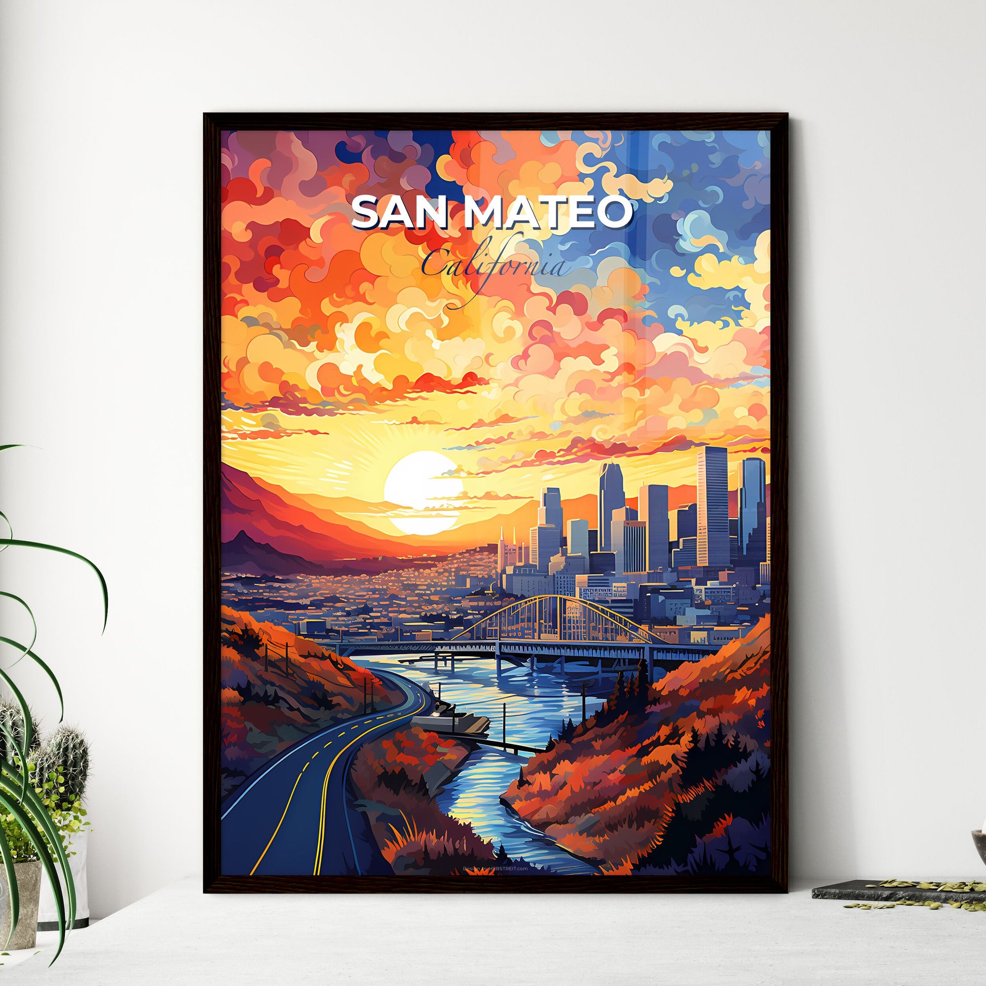 San Mateo, California, A Poster of a cityscape with a bridge and a river Default Title