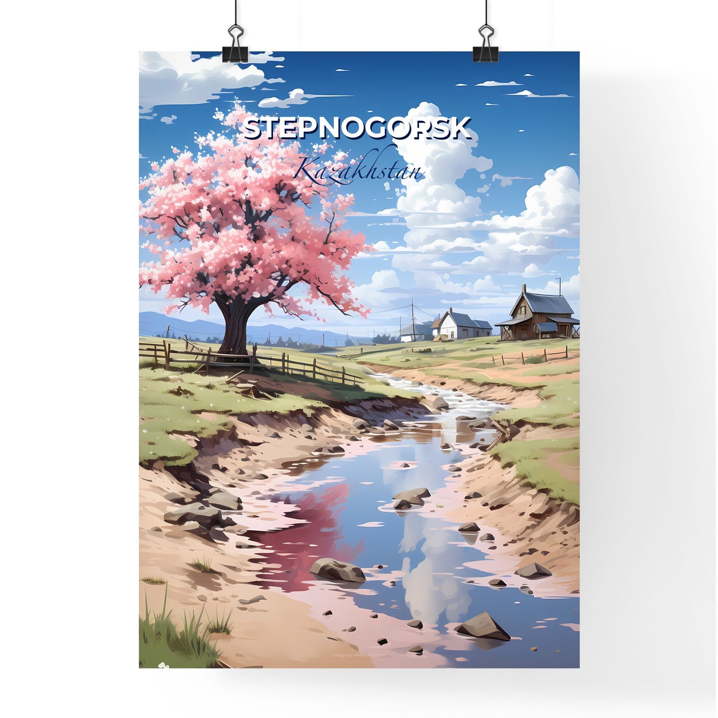 Stepnogorsk, Kazakhstan, A Poster of a stream running through a field with a tree in the foreground Default Title