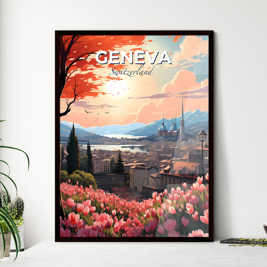 Geneva, Switzerland, A Poster of a landscape of a town with a lake and mountains Default Title
