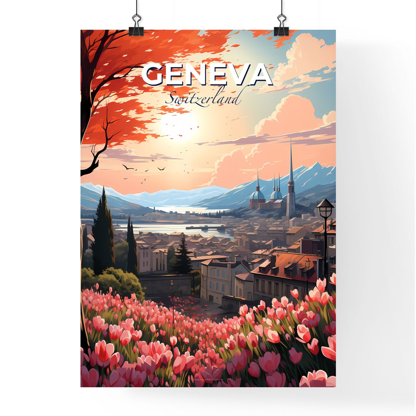 Geneva, Switzerland, A Poster of a landscape of a town with a lake and mountains Default Title