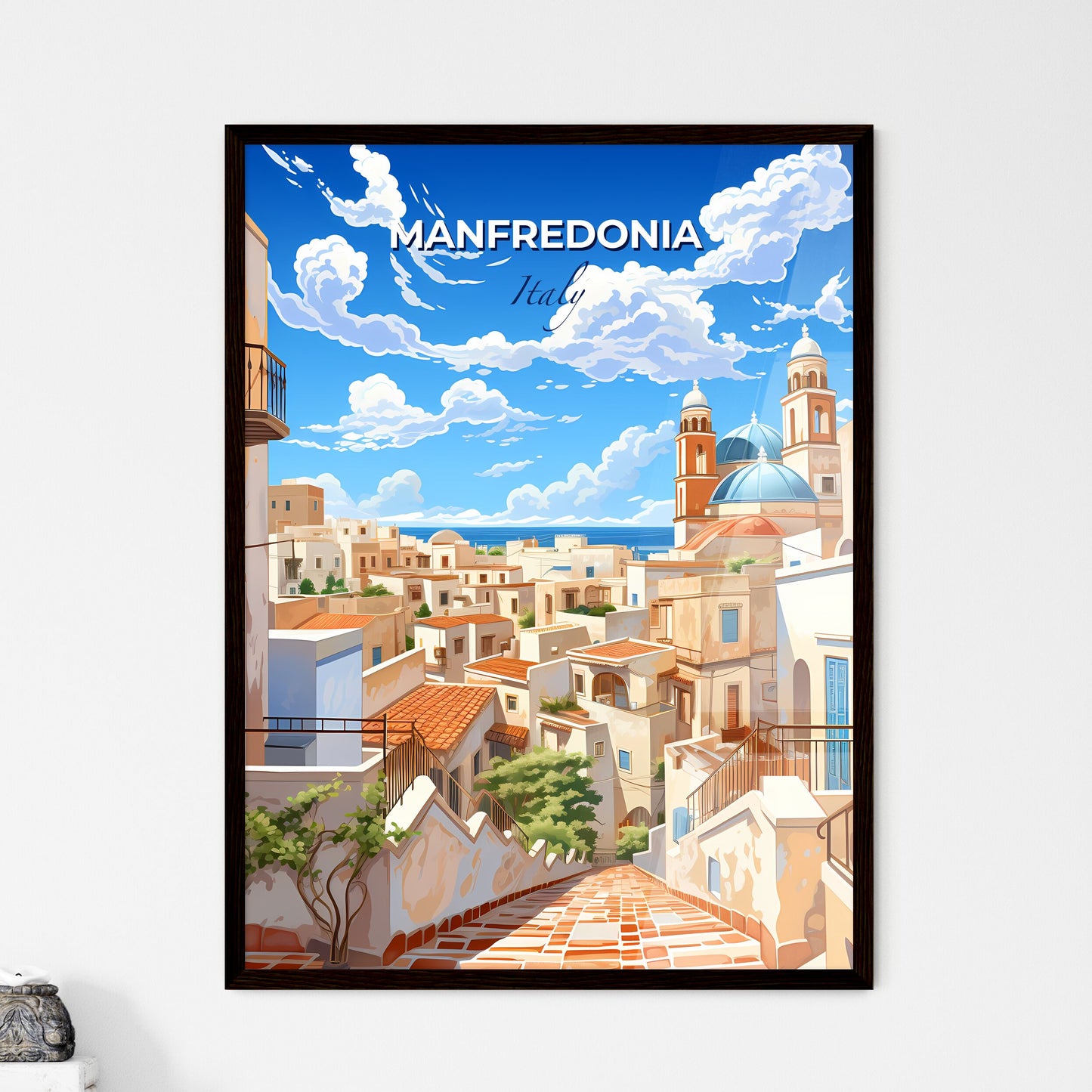 Manfredonia, Italy, A Poster of a city with a blue sky and clouds Default Title