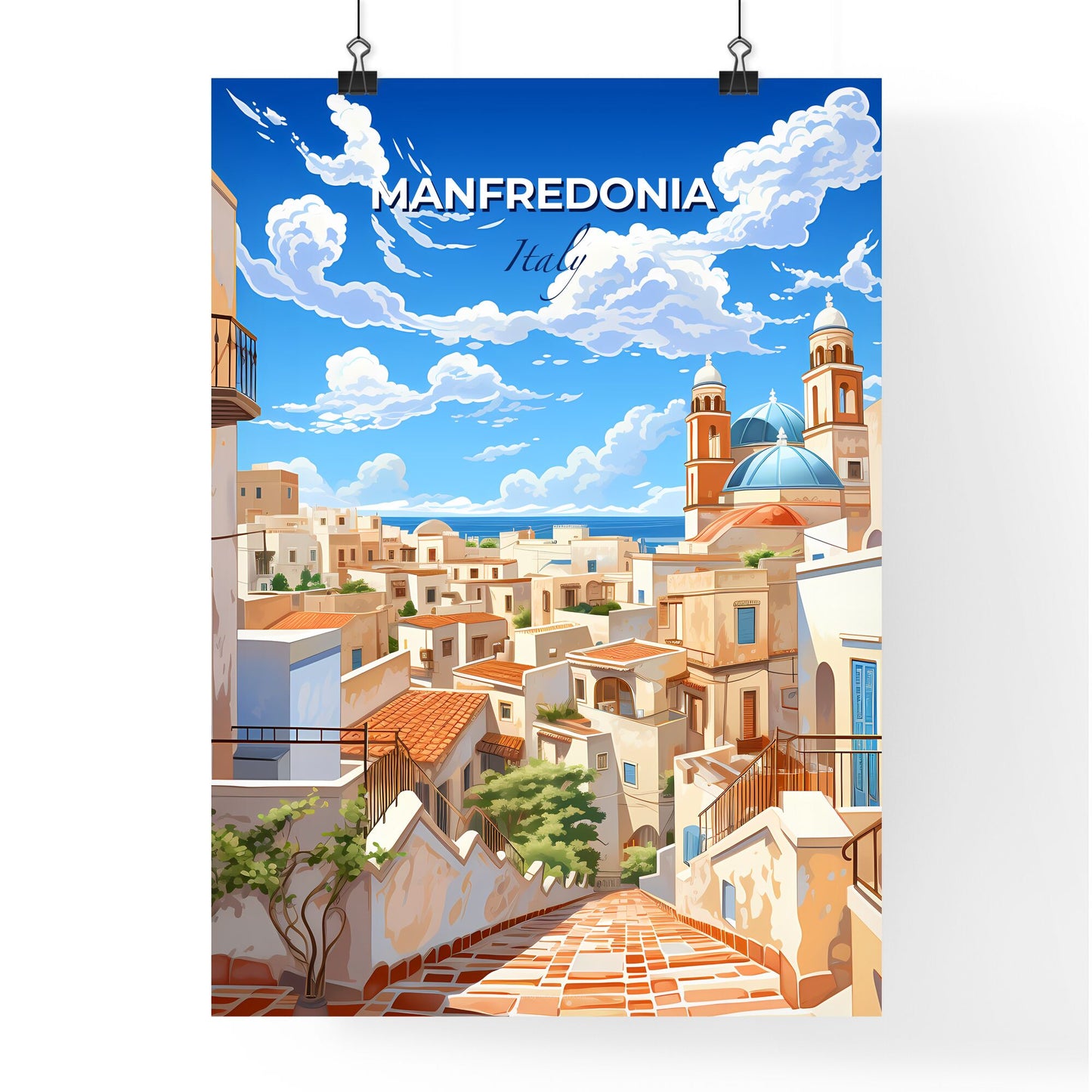 Manfredonia, Italy, A Poster of a city with a blue sky and clouds Default Title