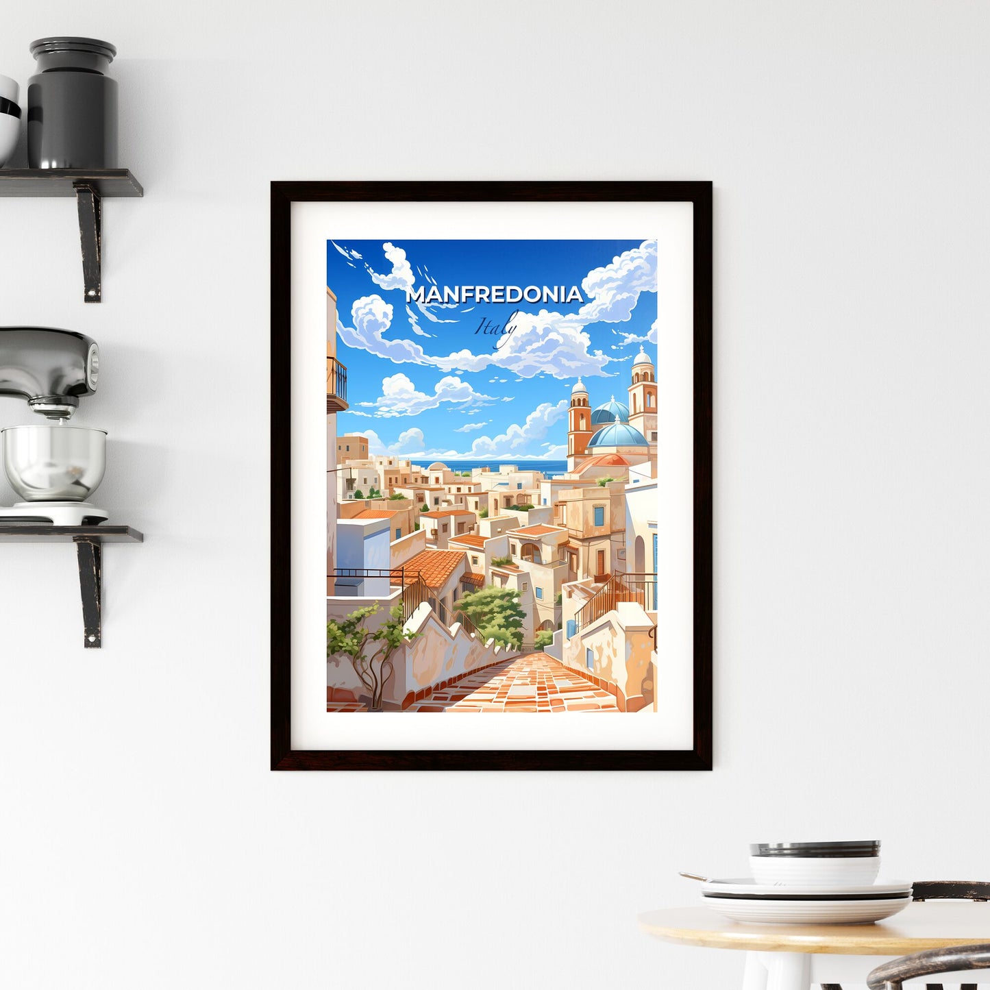 Manfredonia, Italy, A Poster of a city with a blue sky and clouds Default Title