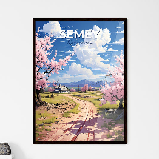 Semey, Kazakhstan, A Poster of a dirt road with pink flowers on it and a house in the background Default Title