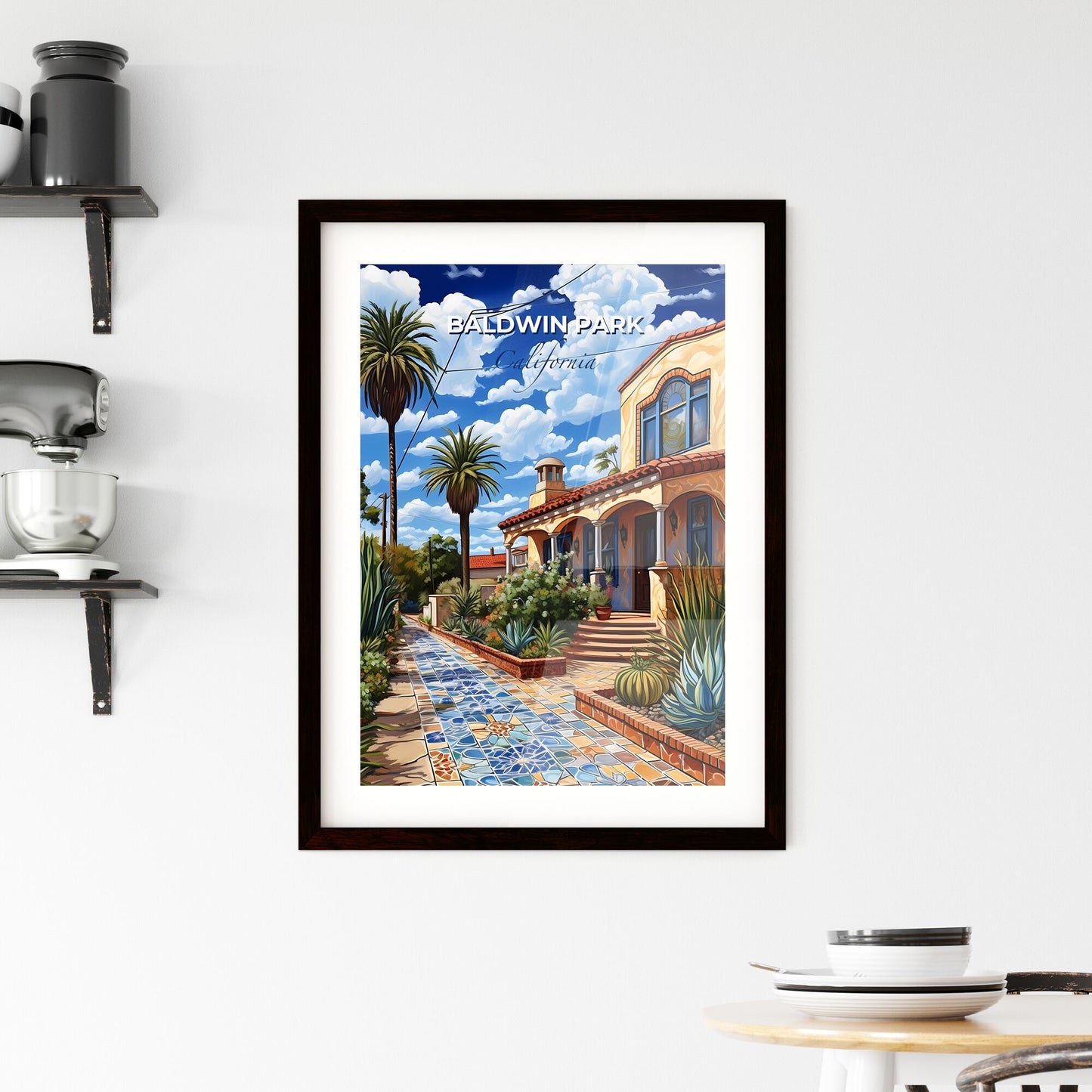 Baldwin Park, California, A Poster of a house with a garden and palm trees Default Title
