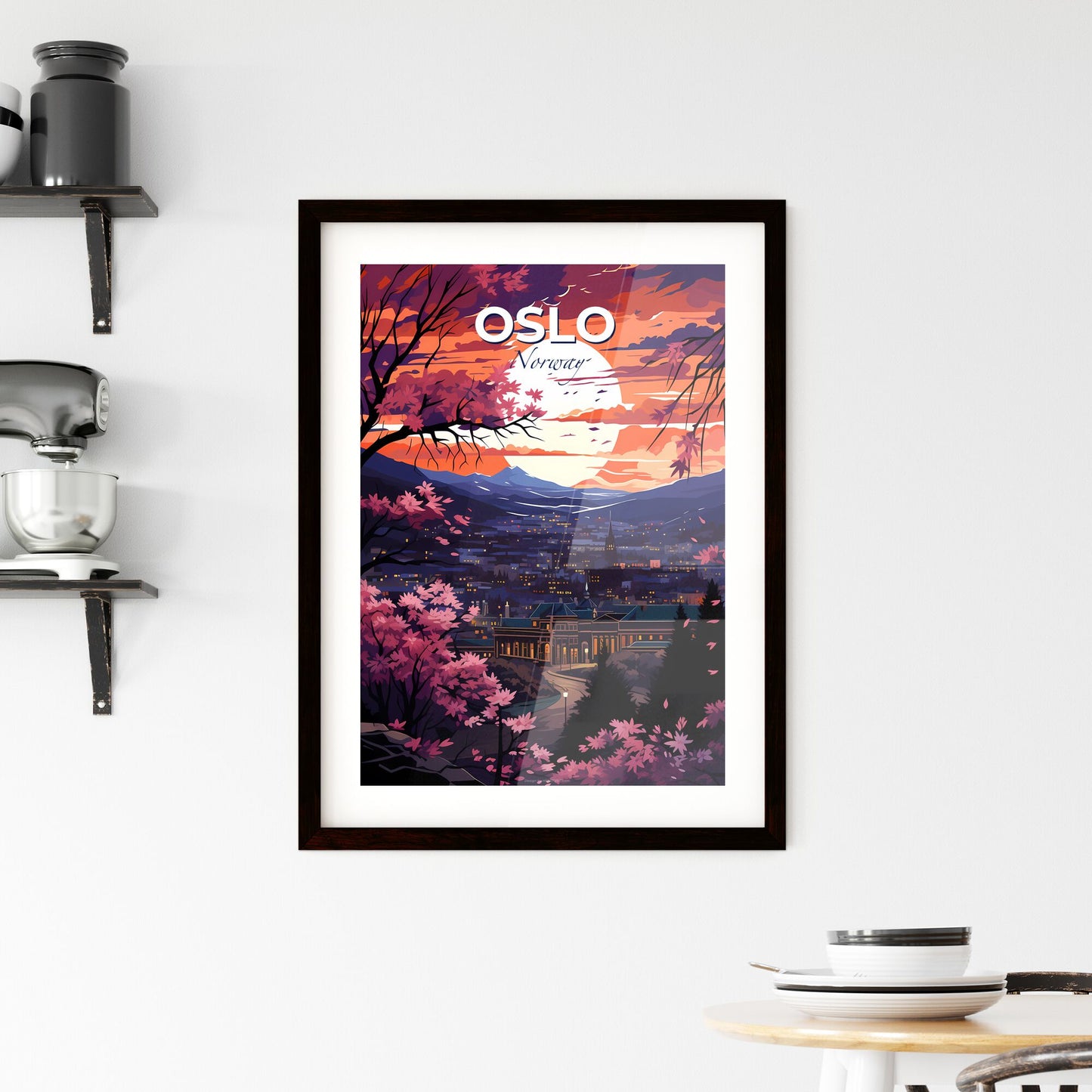 Oslo, Norway, A Poster of a landscape of a city with trees and a moon Default Title