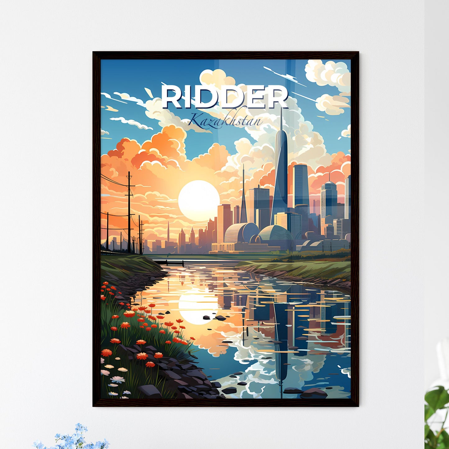 Ridder, Kazakhstan, A Poster of a river with flowers and a city in the background Default Title