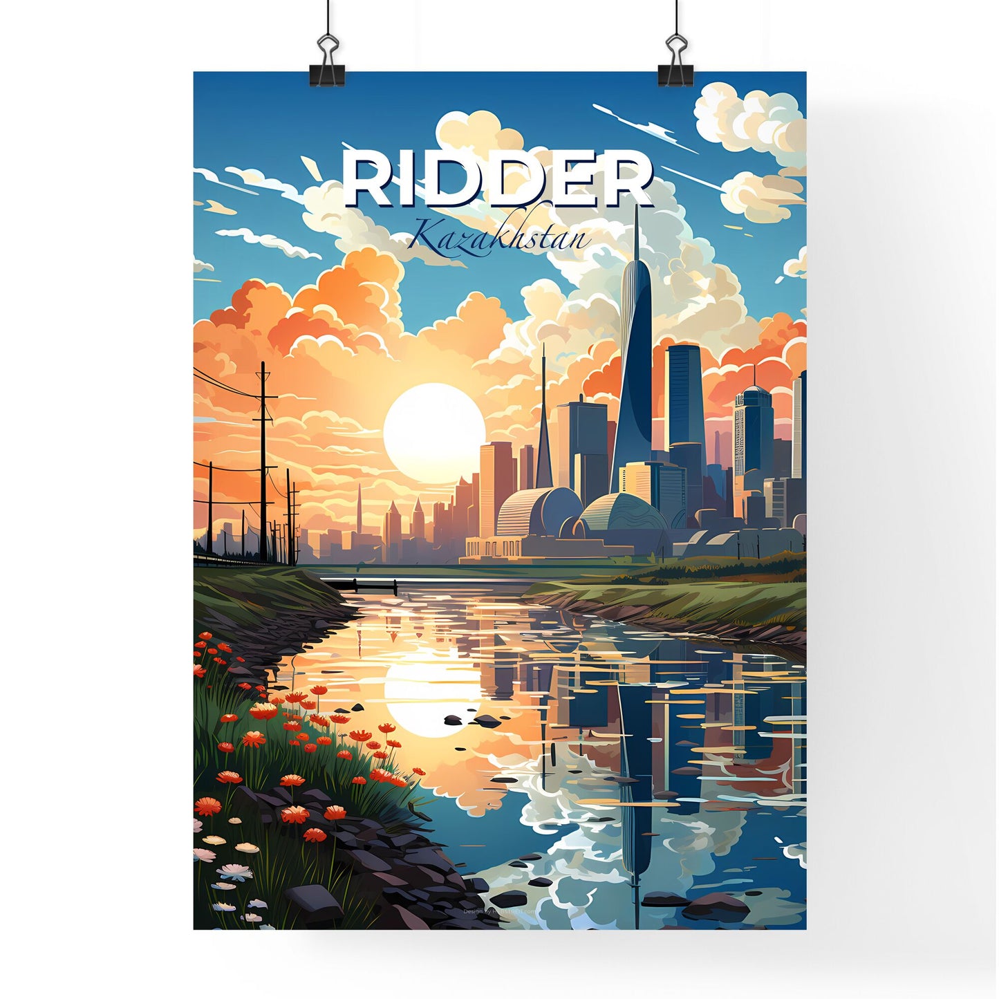 Ridder, Kazakhstan, A Poster of a river with flowers and a city in the background Default Title