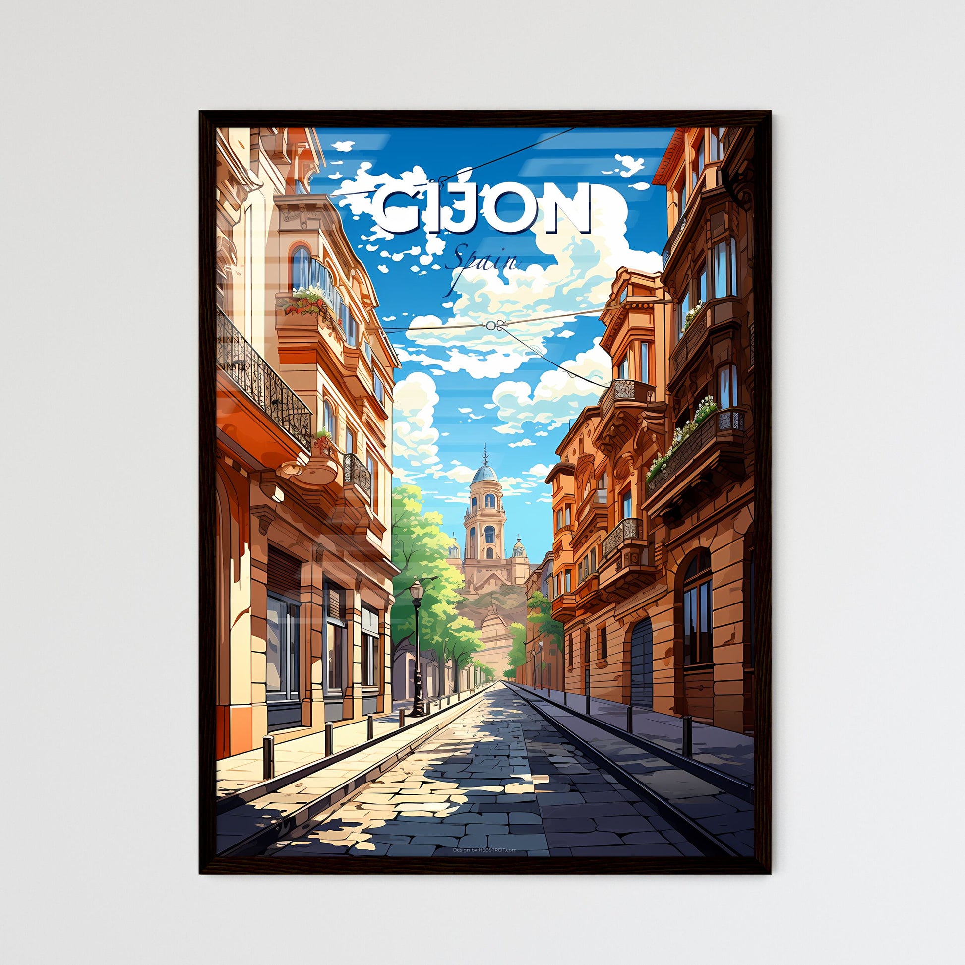 Gijon, Spain, A Poster of a street with buildings and a tower in the background Default Title