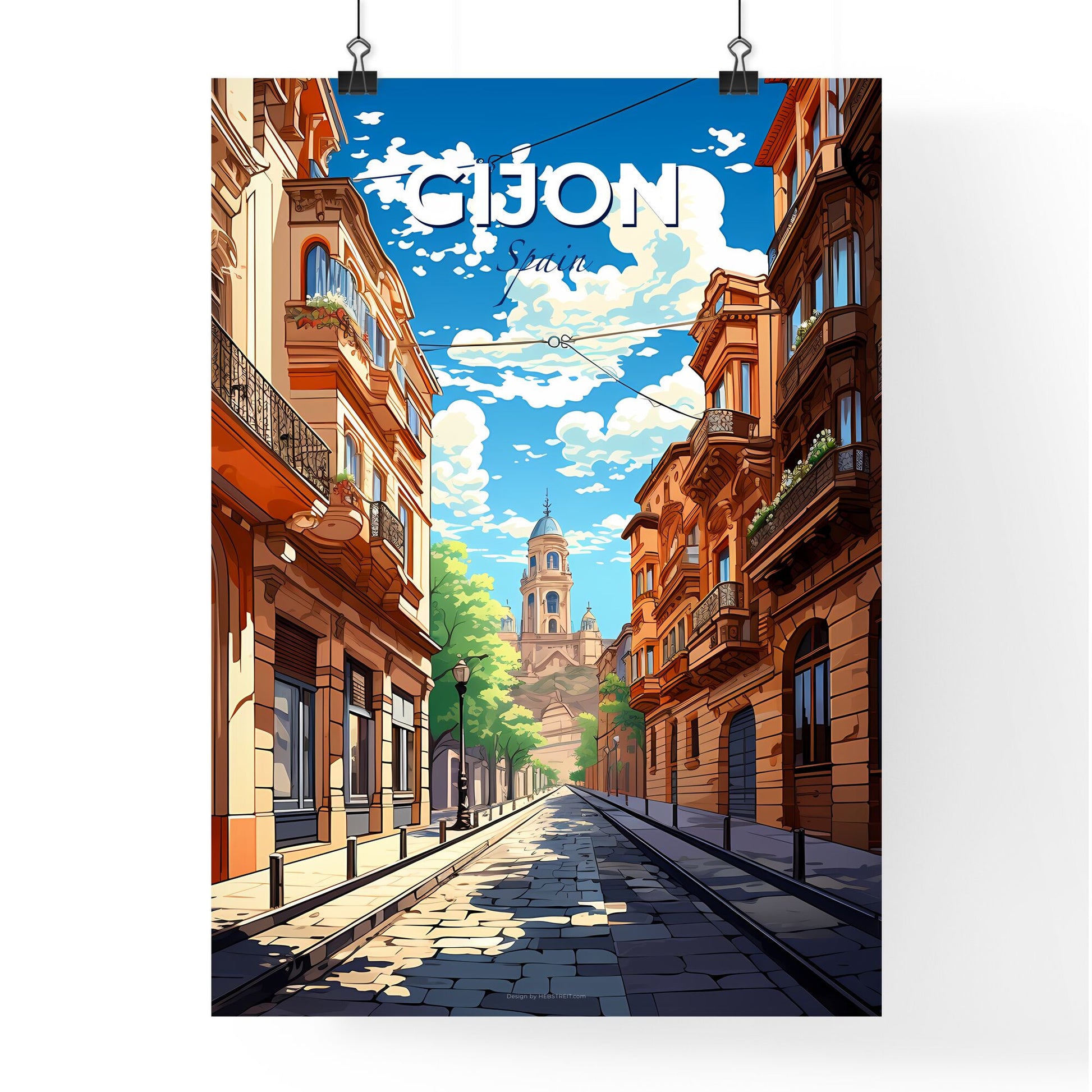 Gijon, Spain, A Poster of a street with buildings and a tower in the background Default Title
