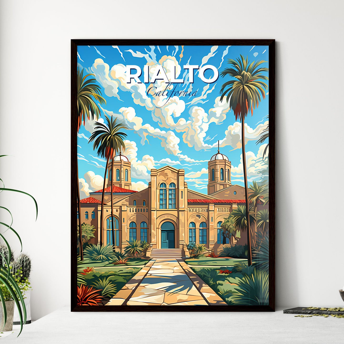 Rialto, California, A Poster of a painting of a building with palm trees Default Title