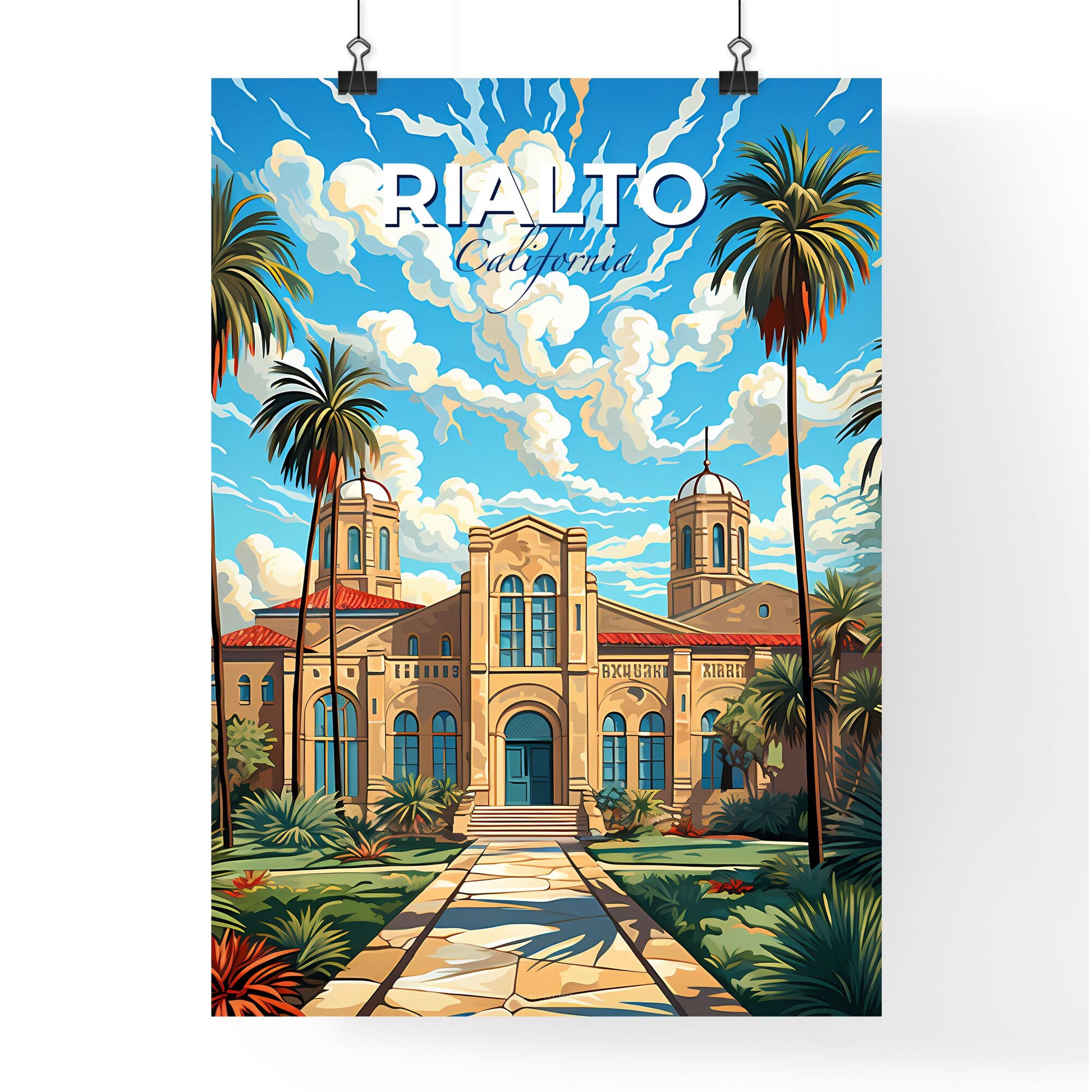 Rialto, California, A Poster of a painting of a building with palm trees Default Title