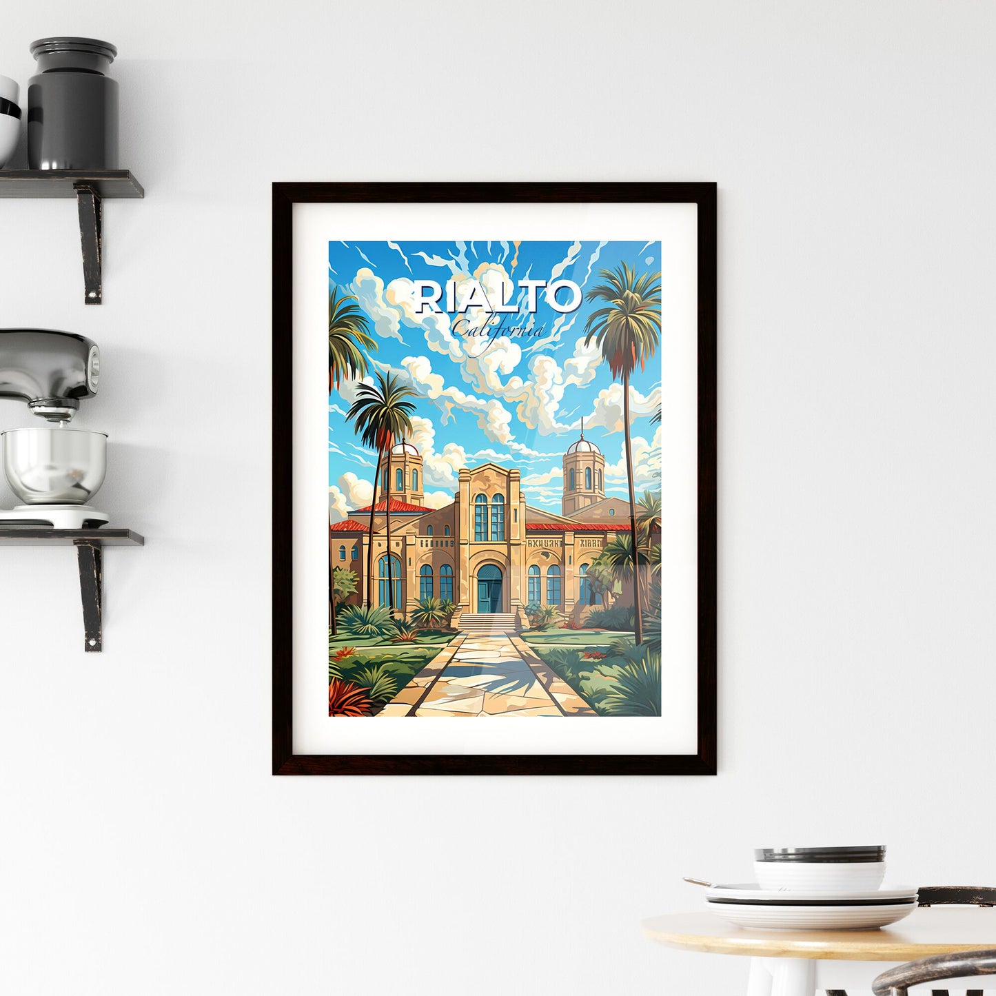 Rialto, California, A Poster of a painting of a building with palm trees Default Title