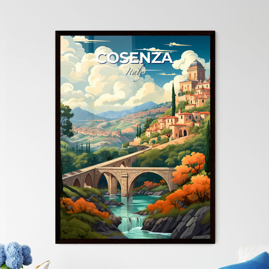 Cosenza, Italy, A Poster of a bridge over a river with a stone bridge and a town on the hill Default Title