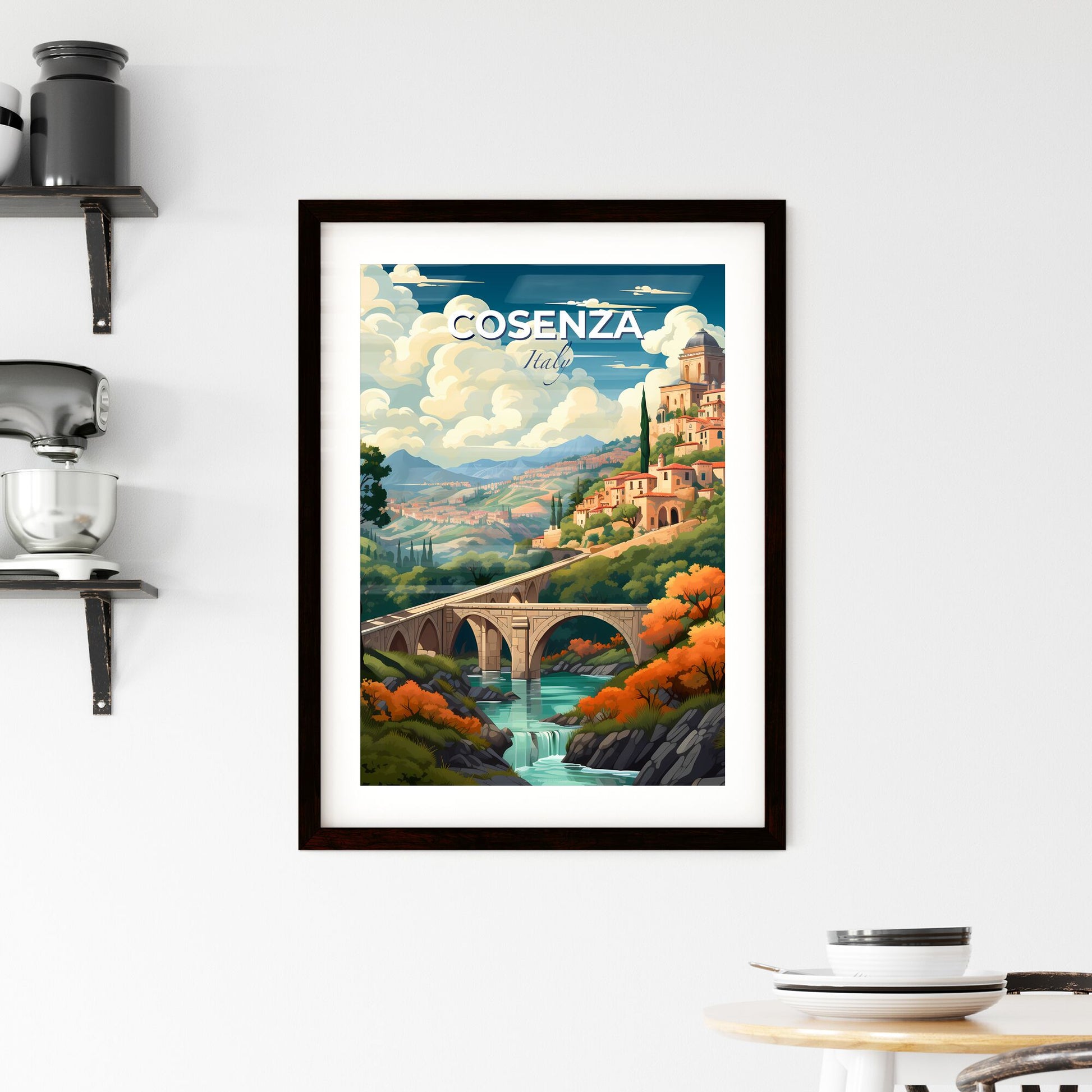 Cosenza, Italy, A Poster of a bridge over a river with a stone bridge and a town on the hill Default Title