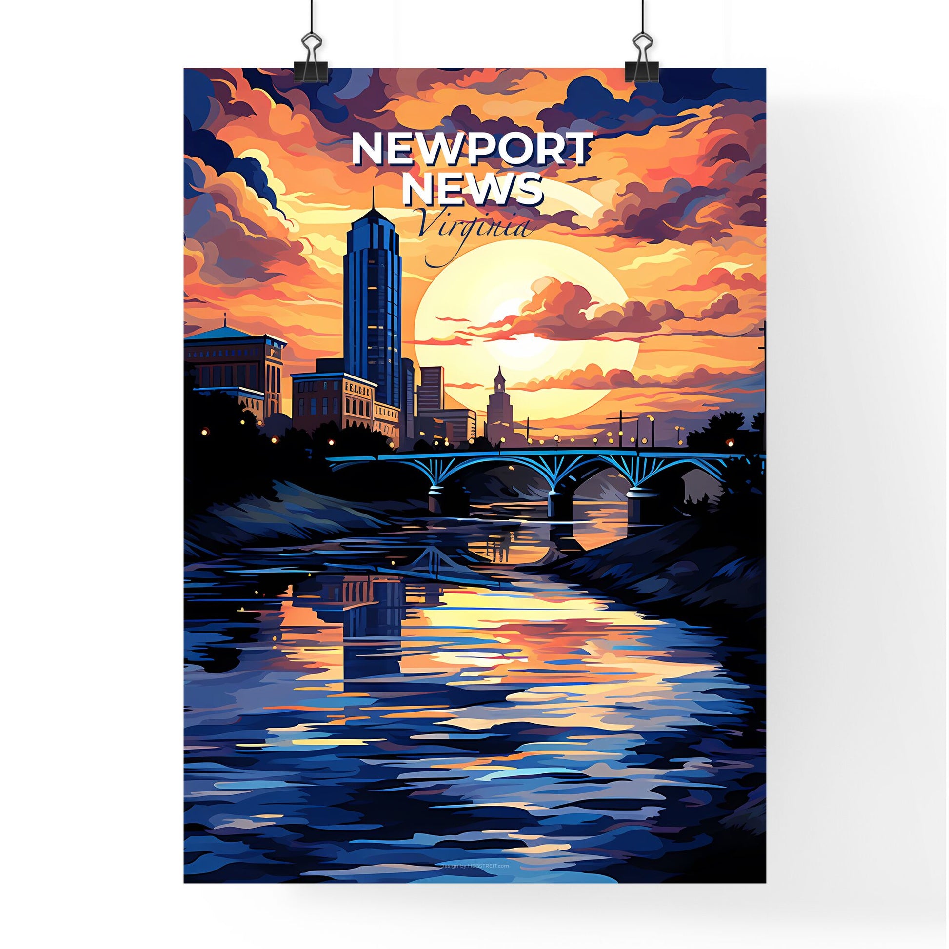 Newport News, Virginia, A Poster of a colorful sunset over a river with a bridge and a city Default Title