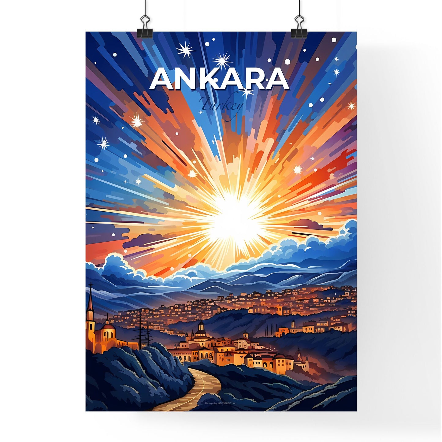 Ankara, Turkey, A Poster of a colorful sky with clouds and buildings Default Title