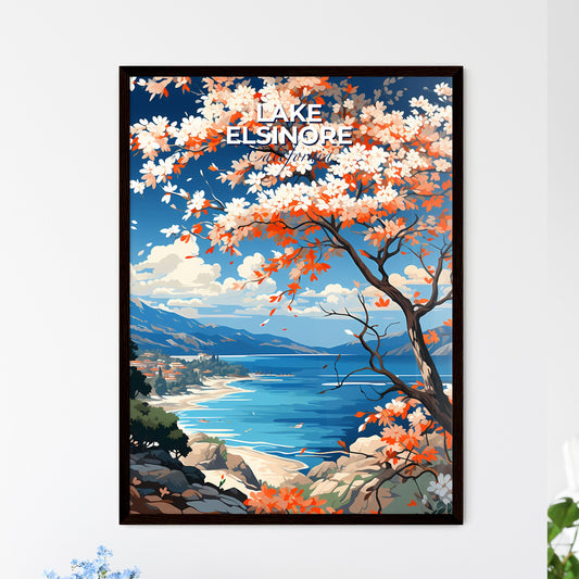 Lake Elsinore, California, A Poster of a tree with orange and white flowers on a rocky shore Default Title