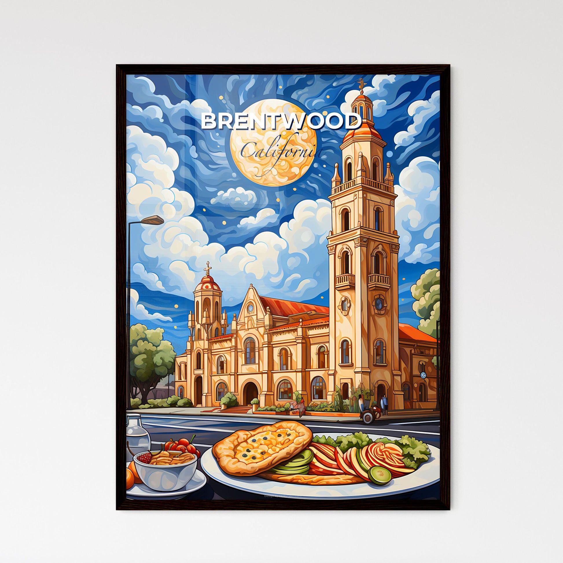 Brentwood, California, A Poster of a painting of a building with a large tower and a plate of food Default Title