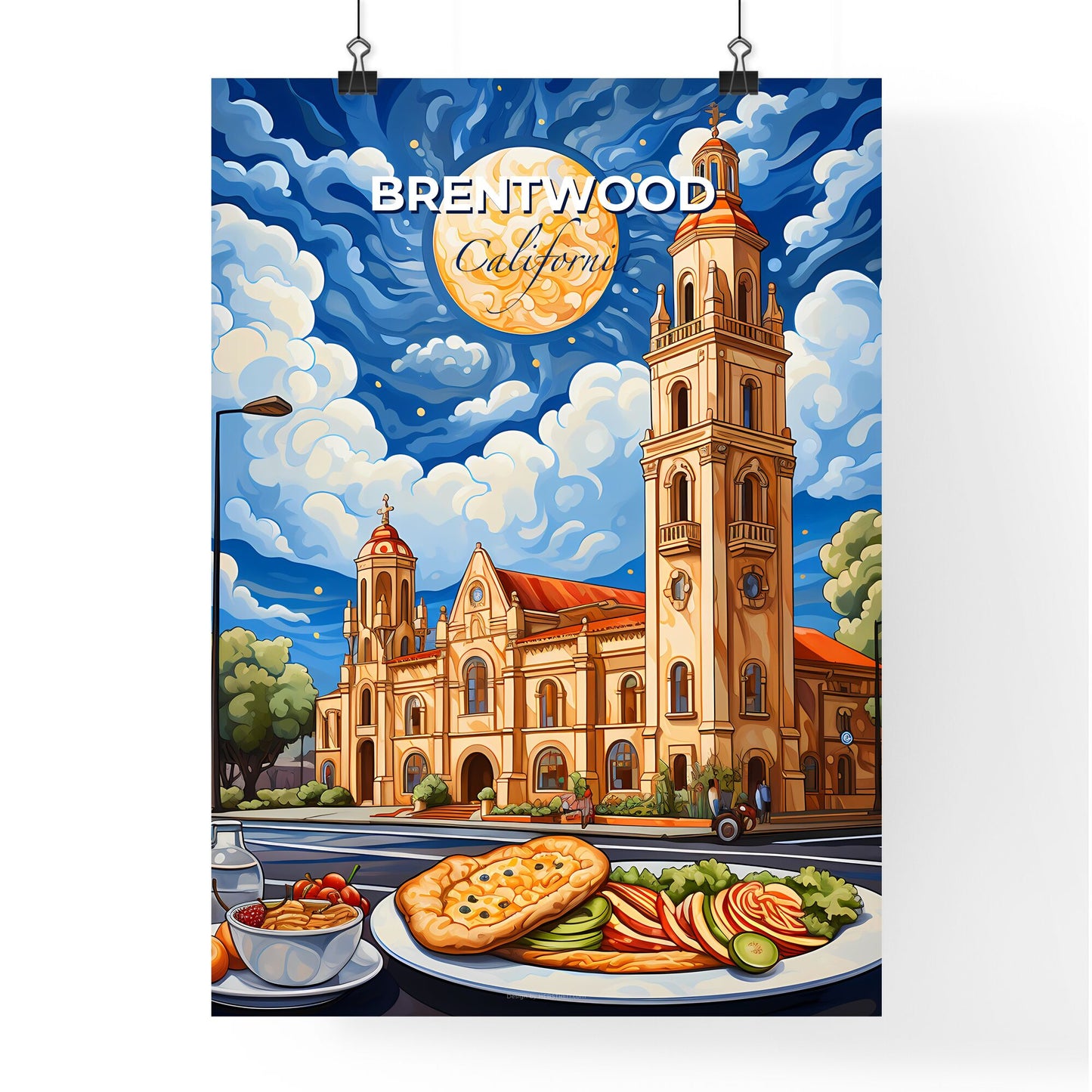 Brentwood, California, A Poster of a painting of a building with a large tower and a plate of food Default Title
