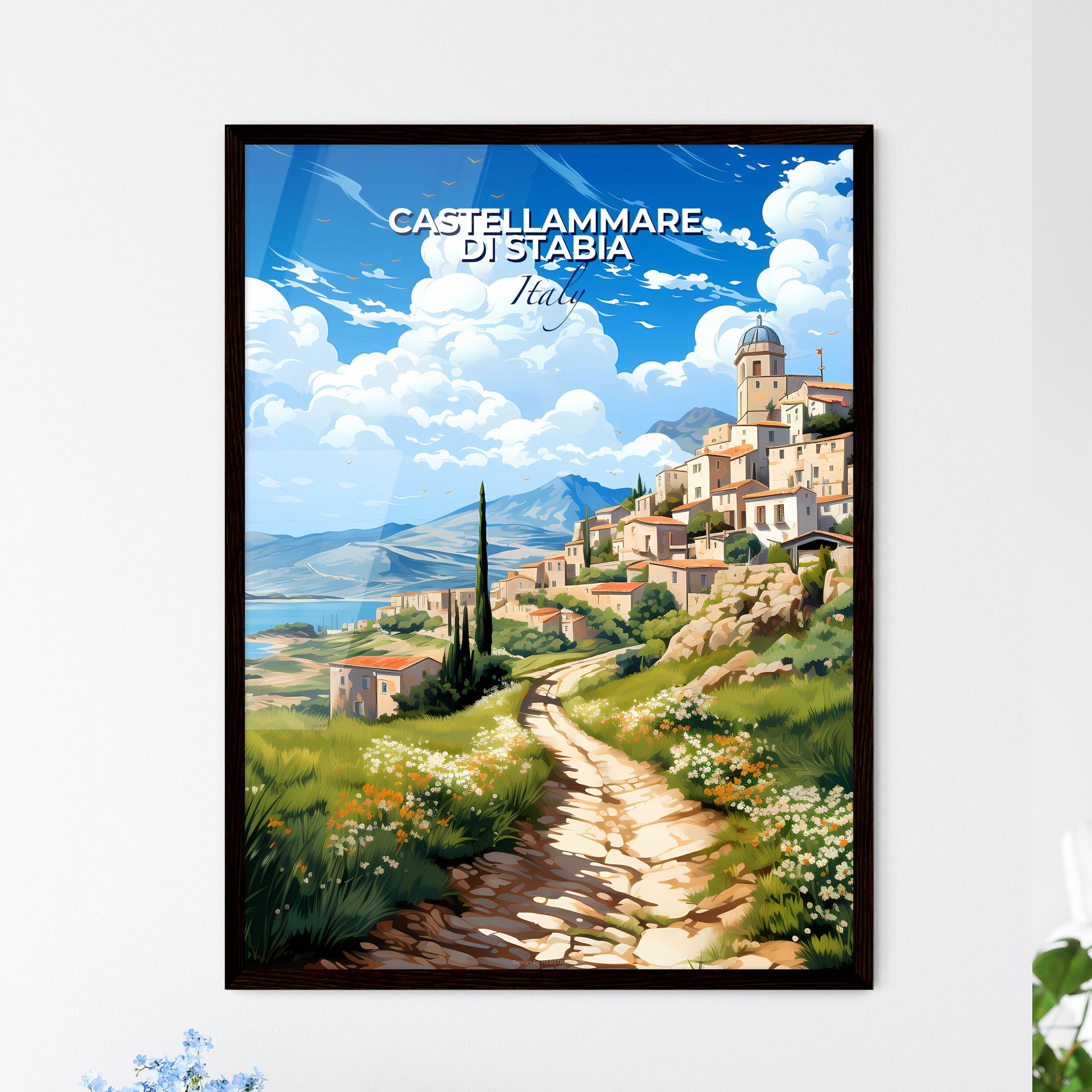 Castellammare Di Stabia, Italy, A Poster of a painting of a village on a hill with a path and flowers Default Title