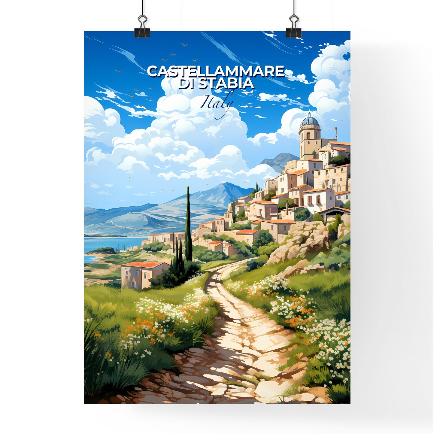 Castellammare Di Stabia, Italy, A Poster of a painting of a village on a hill with a path and flowers Default Title