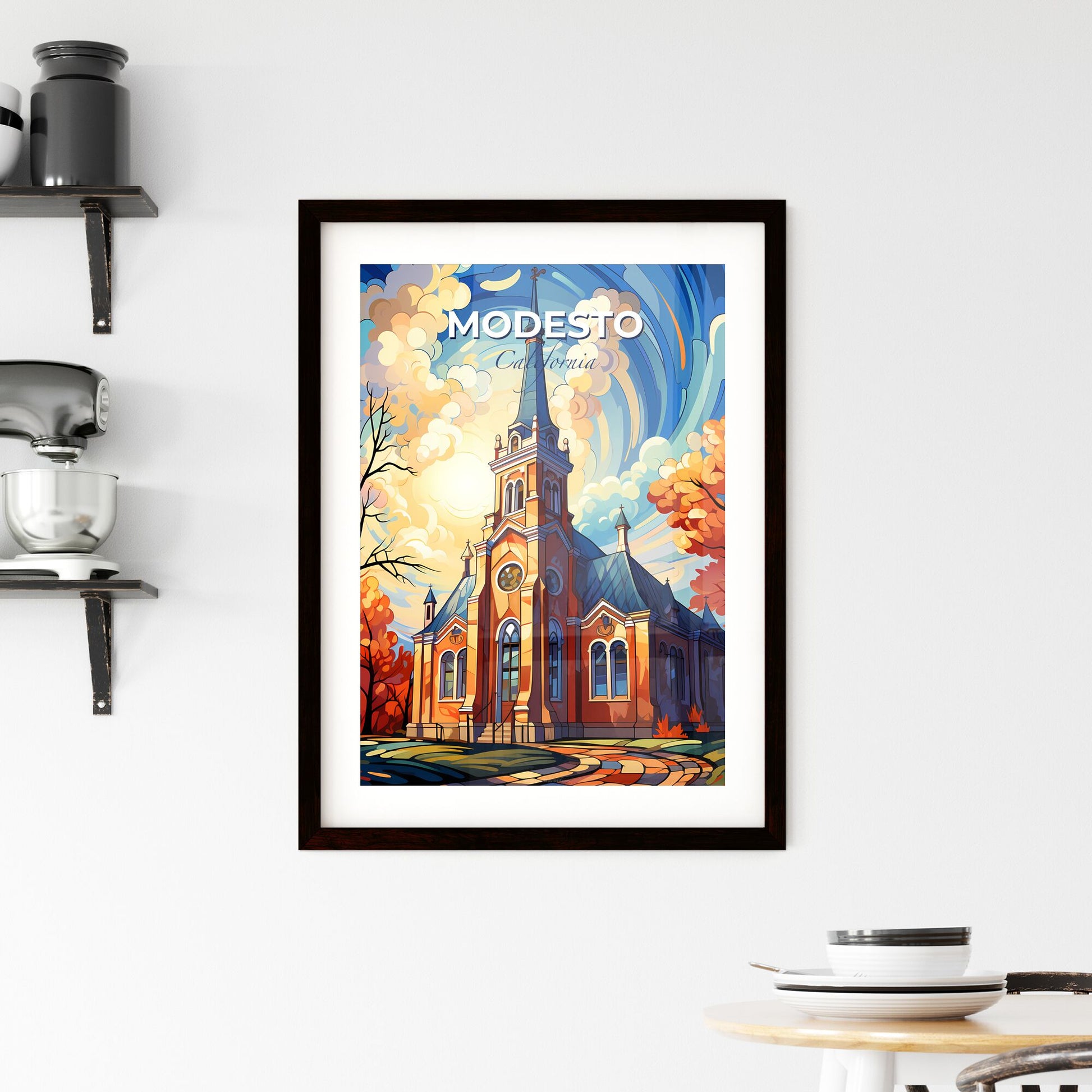 Modesto, California, A Poster of a church with trees and a blue sky Default Title