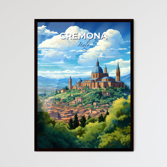 Cremona, Italy, A Poster of a building on a hill with trees and mountains in the background Default Title
