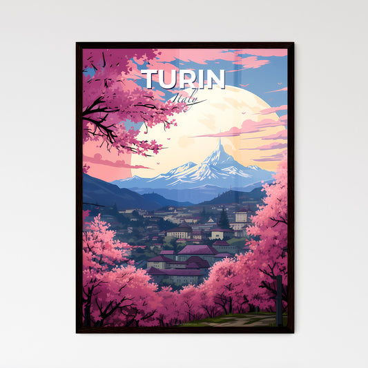 Turin, Italy, A Poster of a landscape of a town with pink trees and mountains Default Title