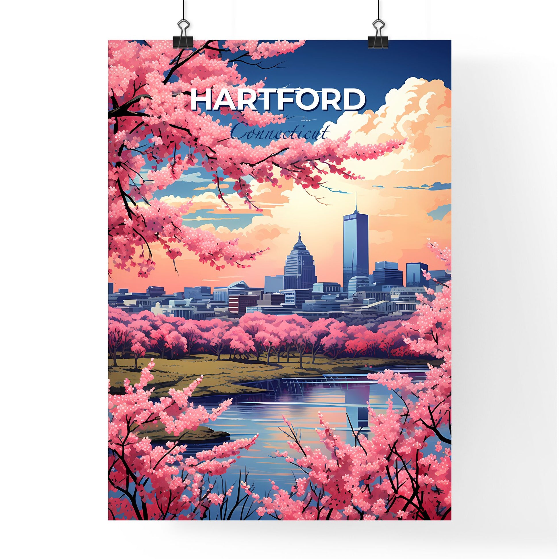 Hartford, Connecticut, A Poster of a cityscape with pink flowers Default Title