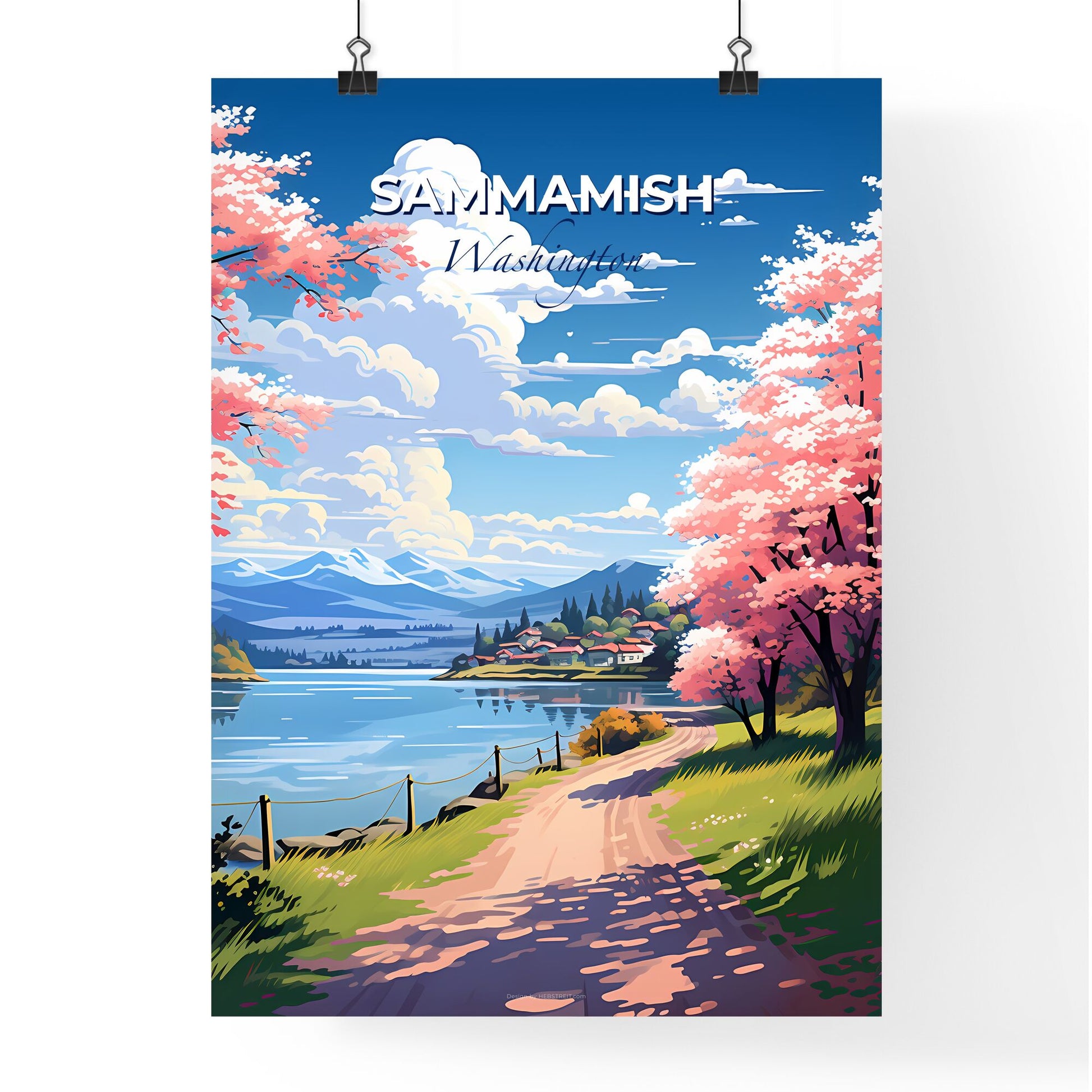 Sammamish, Washington, A Poster of a road leading to a lake with pink flowers Default Title