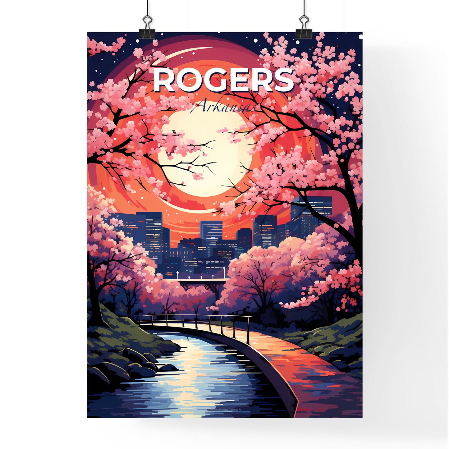 Rogers, Arkansas, A Poster of a painting of a city with pink trees and a river Default Title