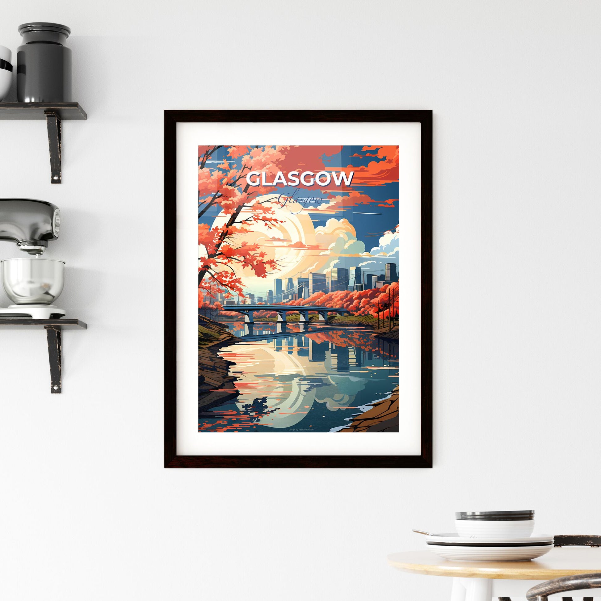 Glasgow, Glasgow, A Poster of a bridge over a river with orange trees and a city in the background Default Title