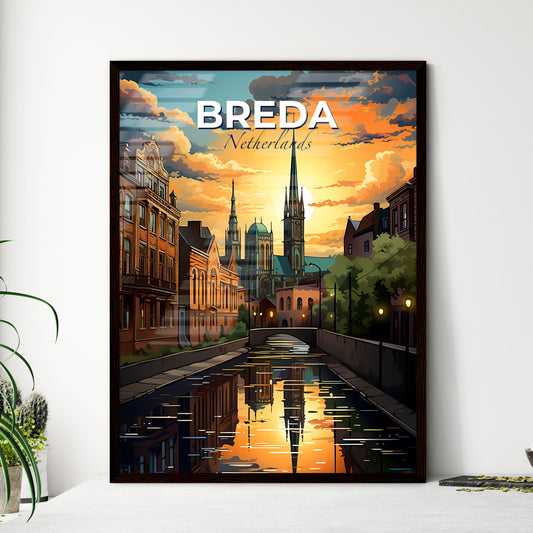 Breda, Netherlands, A Poster of a water canal with buildings and a church in the background Default Title