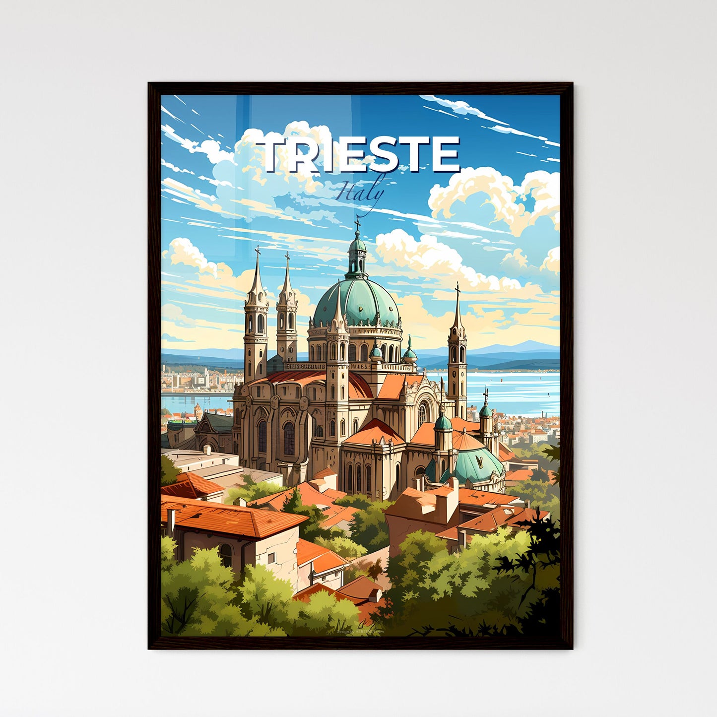 Trieste, Italy, A Poster of a large building with a blue dome and red roofs Default Title
