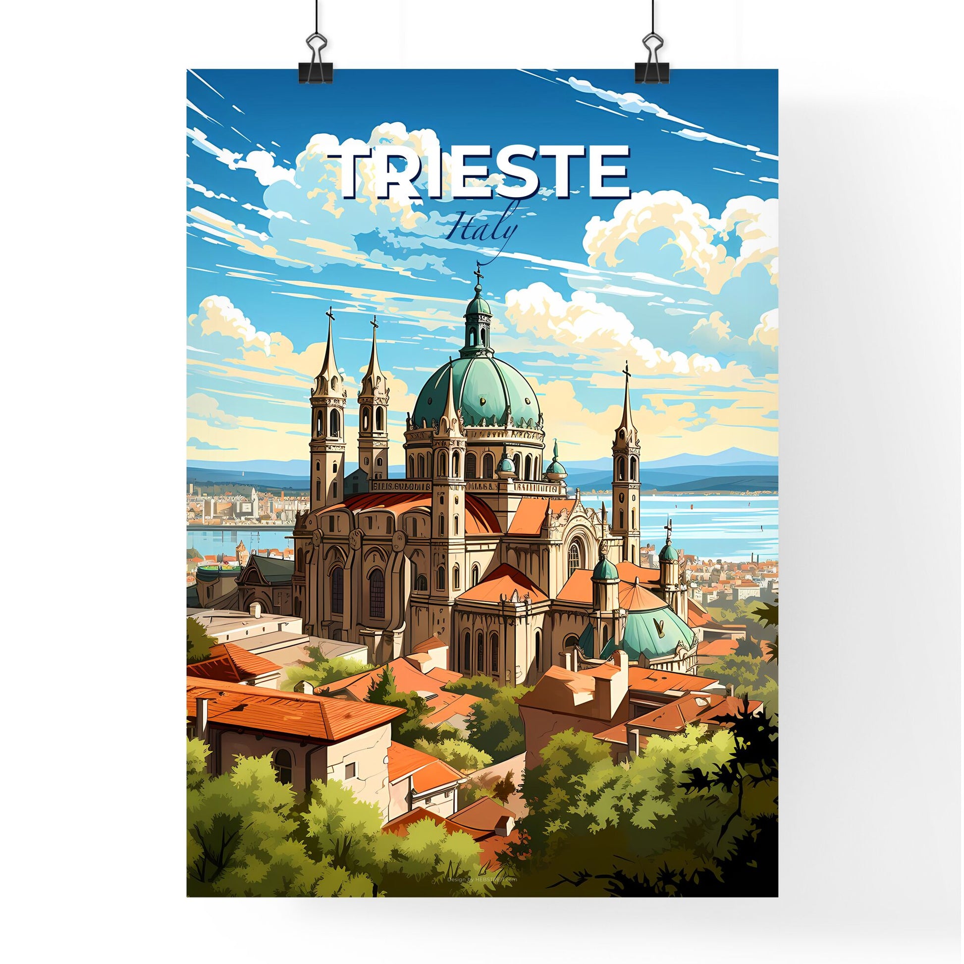 Trieste, Italy, A Poster of a large building with a blue dome and red roofs Default Title