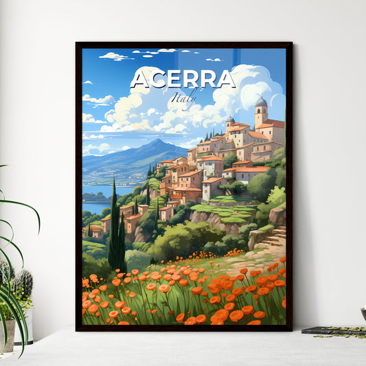 Acerra, Italy, A Poster of a landscape of a town with orange flowers and a lake Default Title