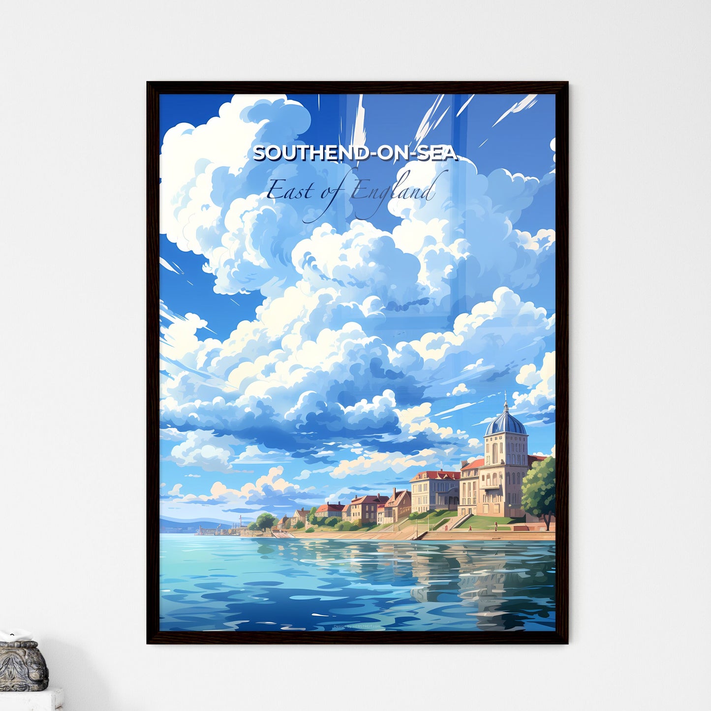 Southend-On-Sea, East of England, A Poster of a water body with buildings and clouds in the sky Default Title
