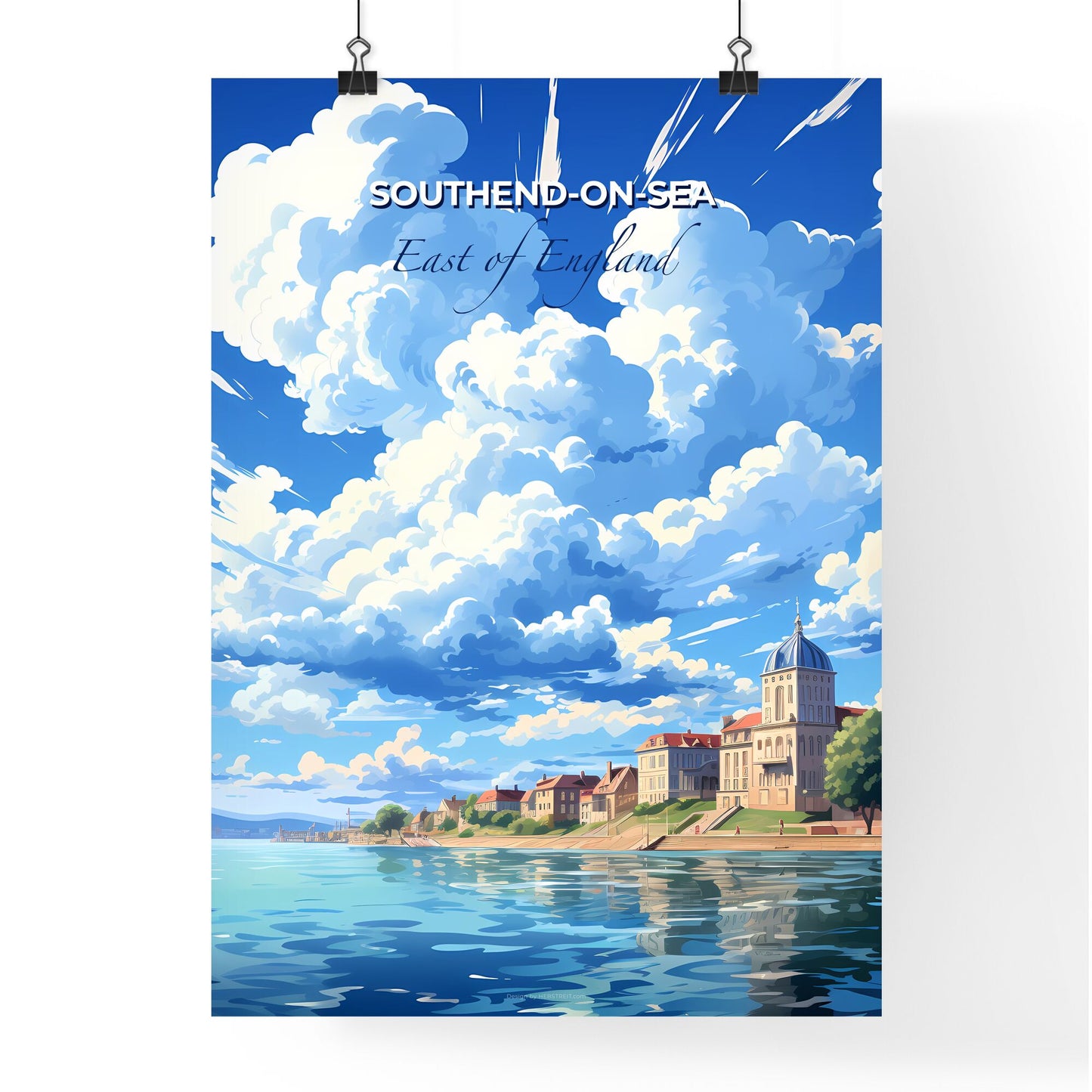 Southend-On-Sea, East of England, A Poster of a water body with buildings and clouds in the sky Default Title