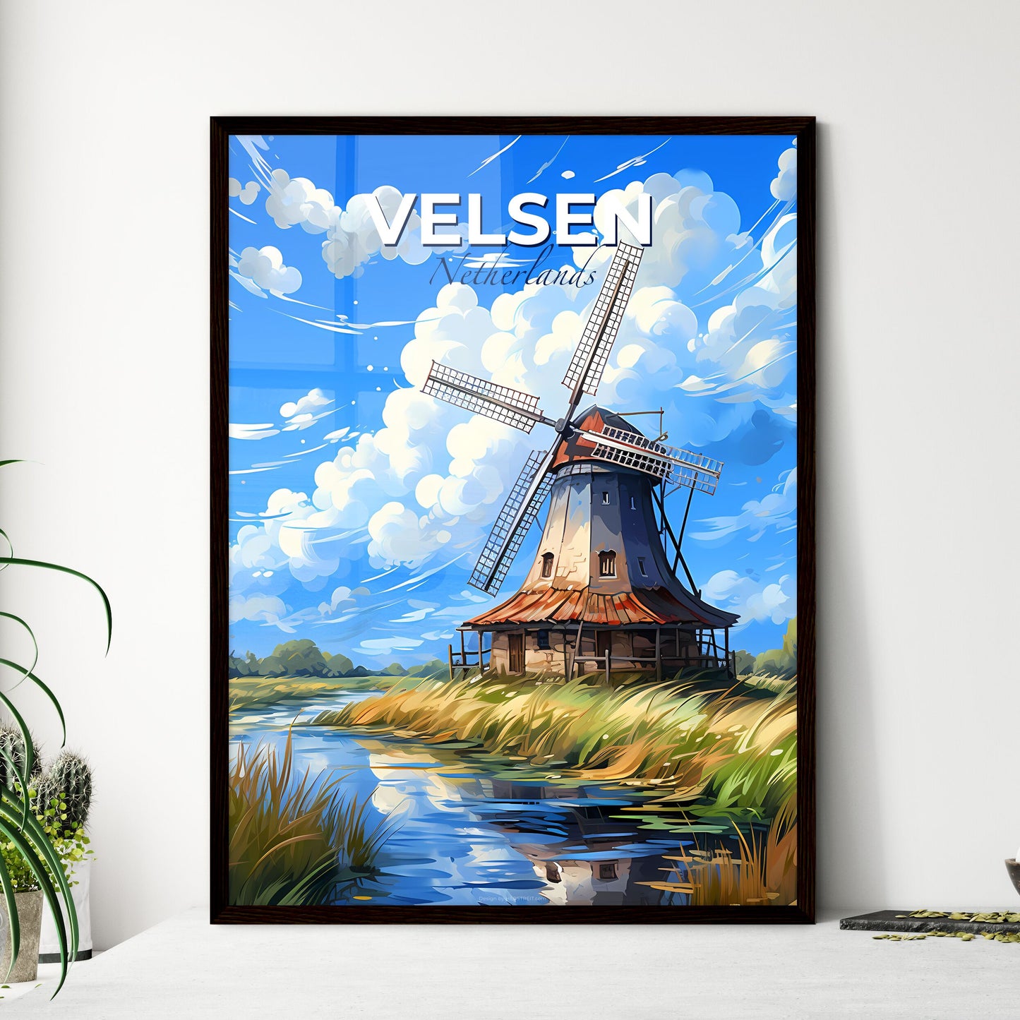 Velsen, Netherlands, A Poster of a windmill by a river Default Title