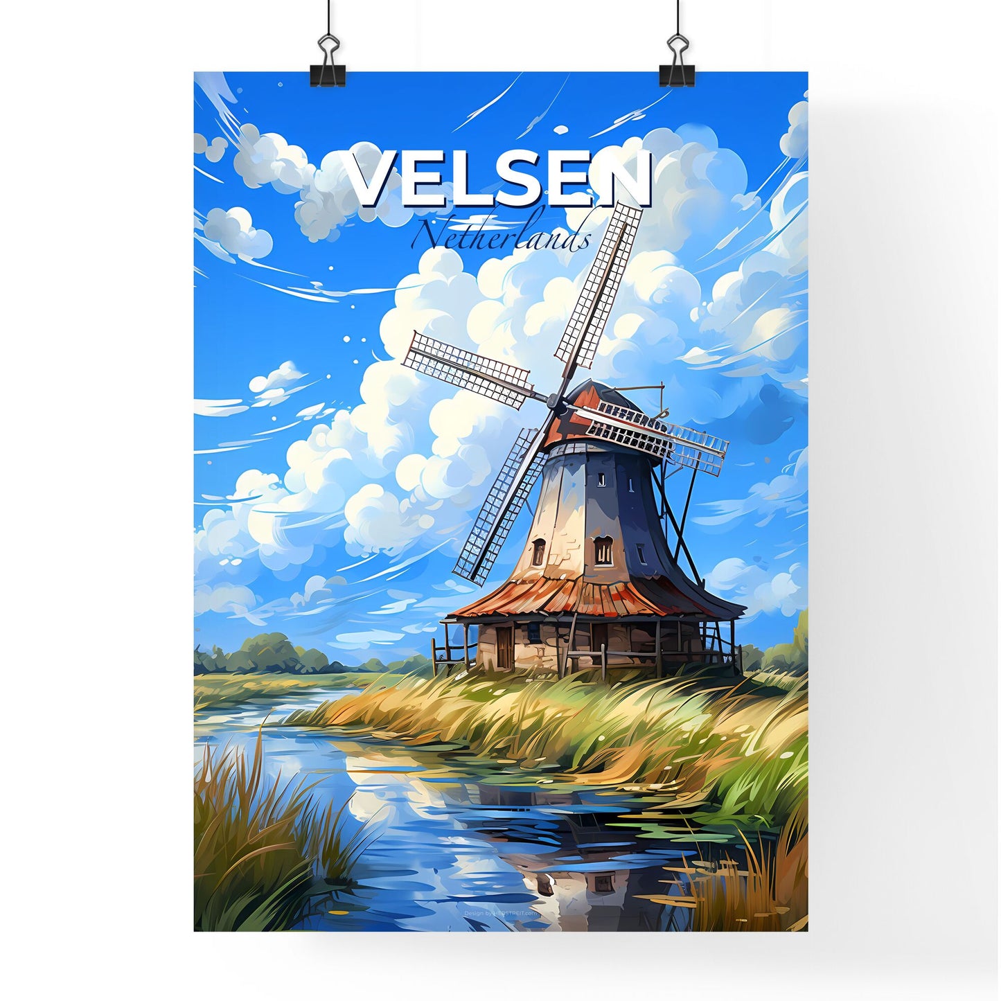 Velsen, Netherlands, A Poster of a windmill by a river Default Title