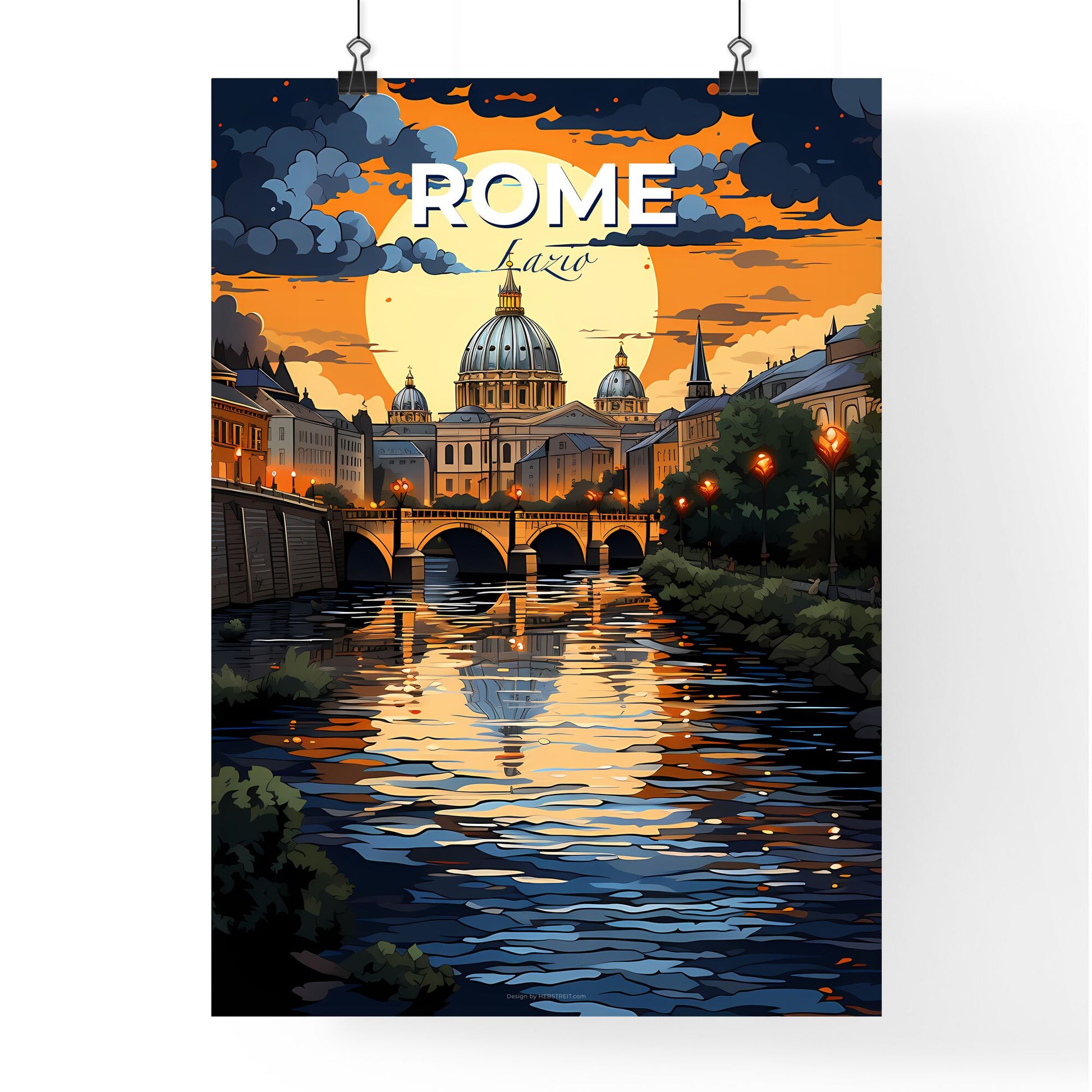Rome, Lazio, A Poster of a river with a bridge and a large building in the background Default Title