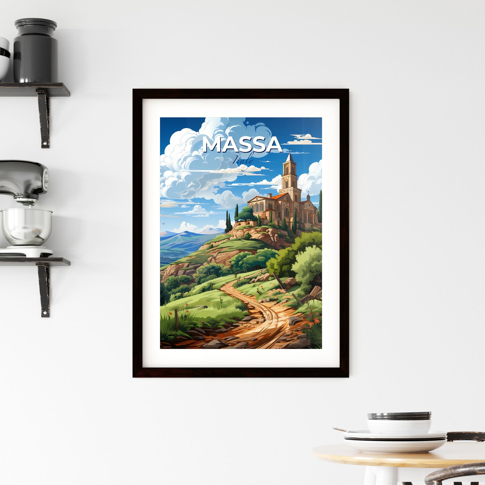Massa, Italy, A Poster of a building on a hill with trees and a path Default Title
