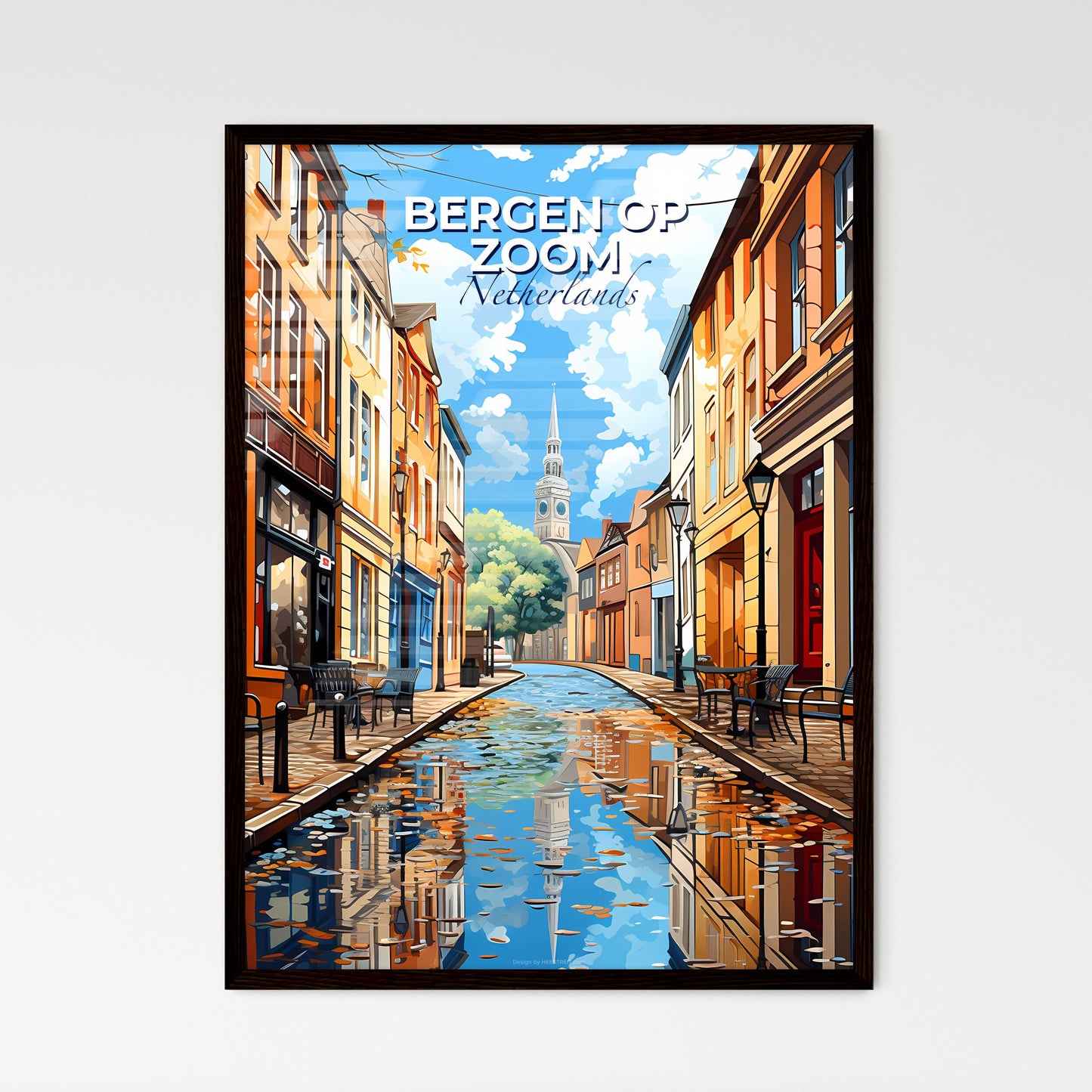 Bergen Op Zoom, Netherlands, A Poster of a water way with benches and tables in front of buildings Default Title