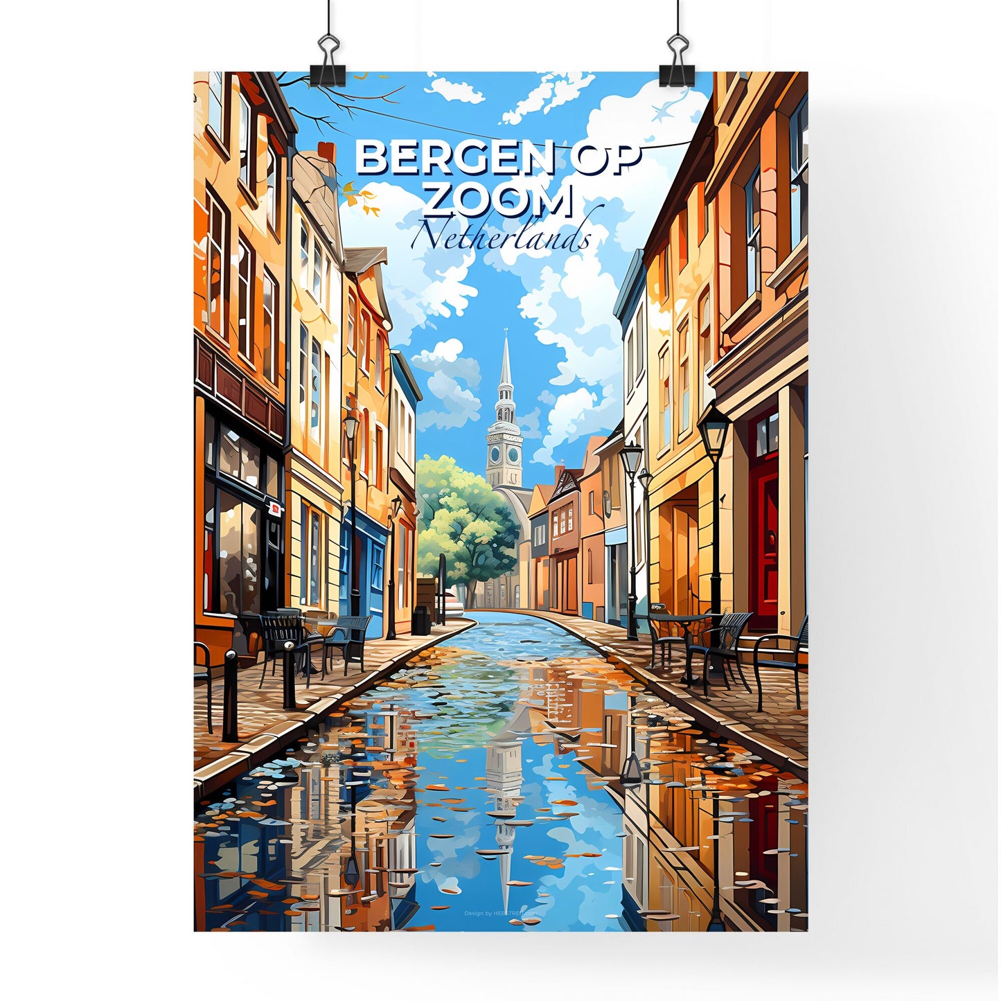 Bergen Op Zoom, Netherlands, A Poster of a water way with benches and tables in front of buildings Default Title