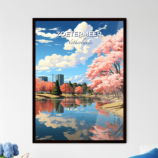 Zoetermeer, Netherlands, A Poster of a lake with pink trees and buildings in the background Default Title