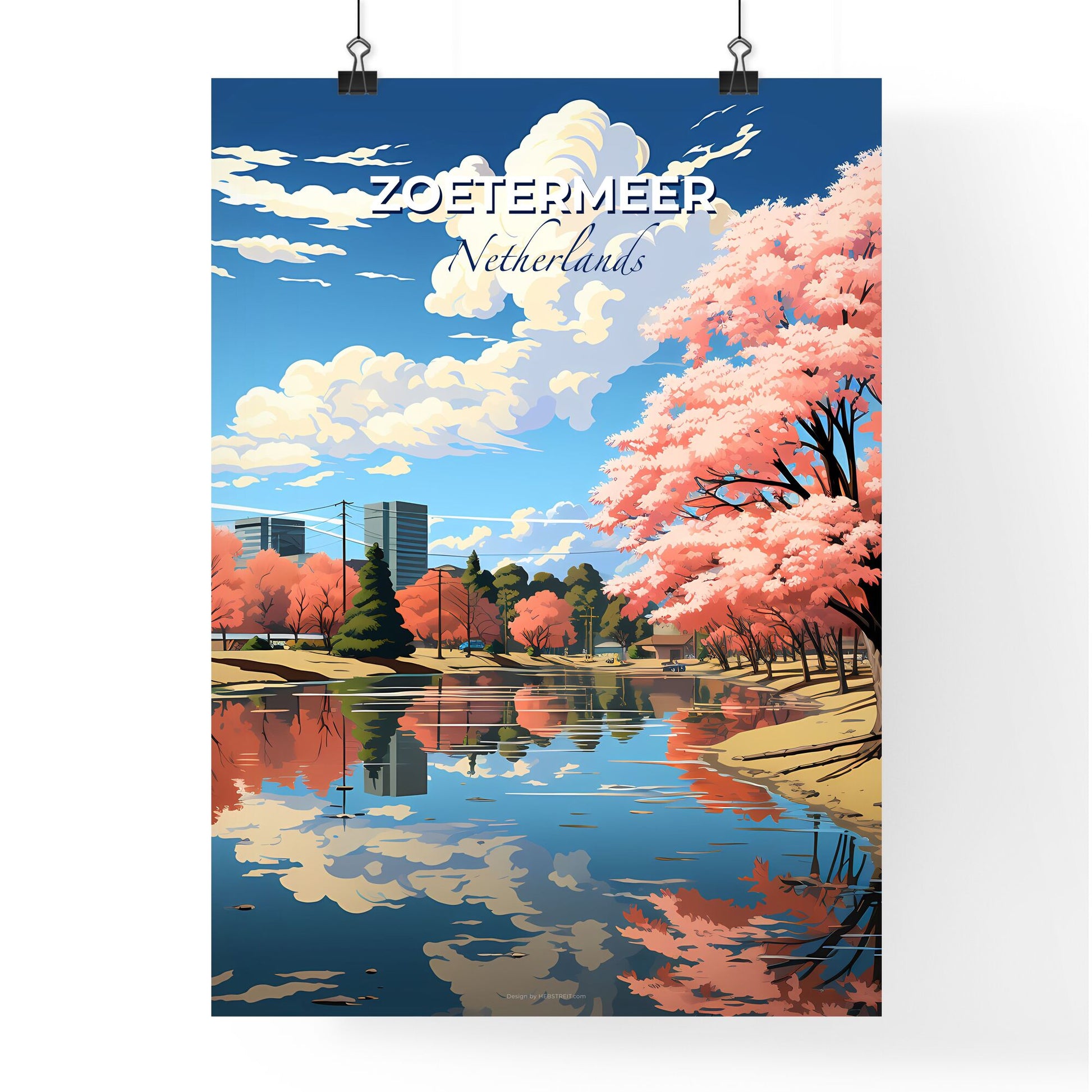 Zoetermeer, Netherlands, A Poster of a lake with pink trees and buildings in the background Default Title